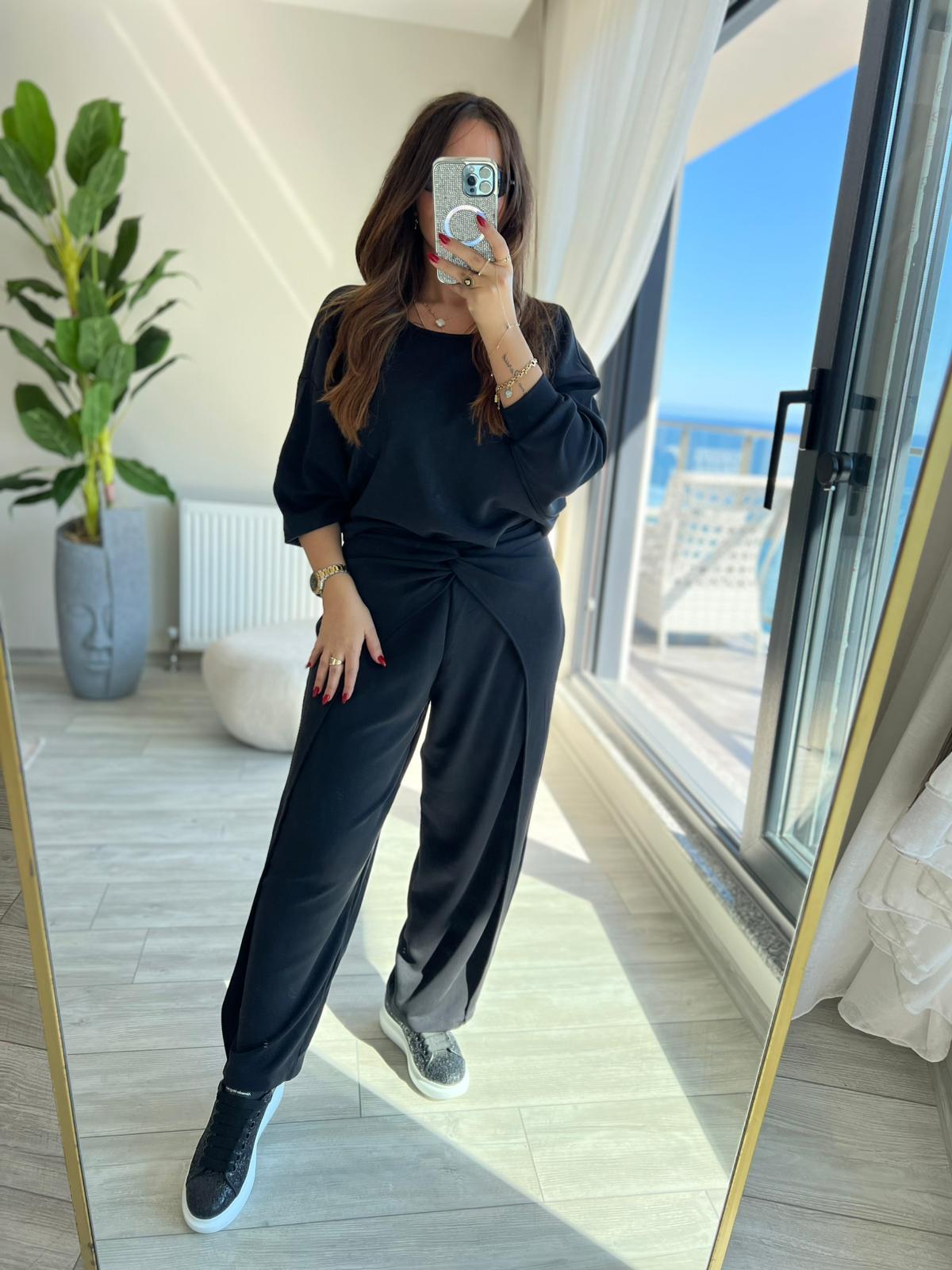 3149 Pantolonu Bluzu Düğüm Detay Takım SİYAH