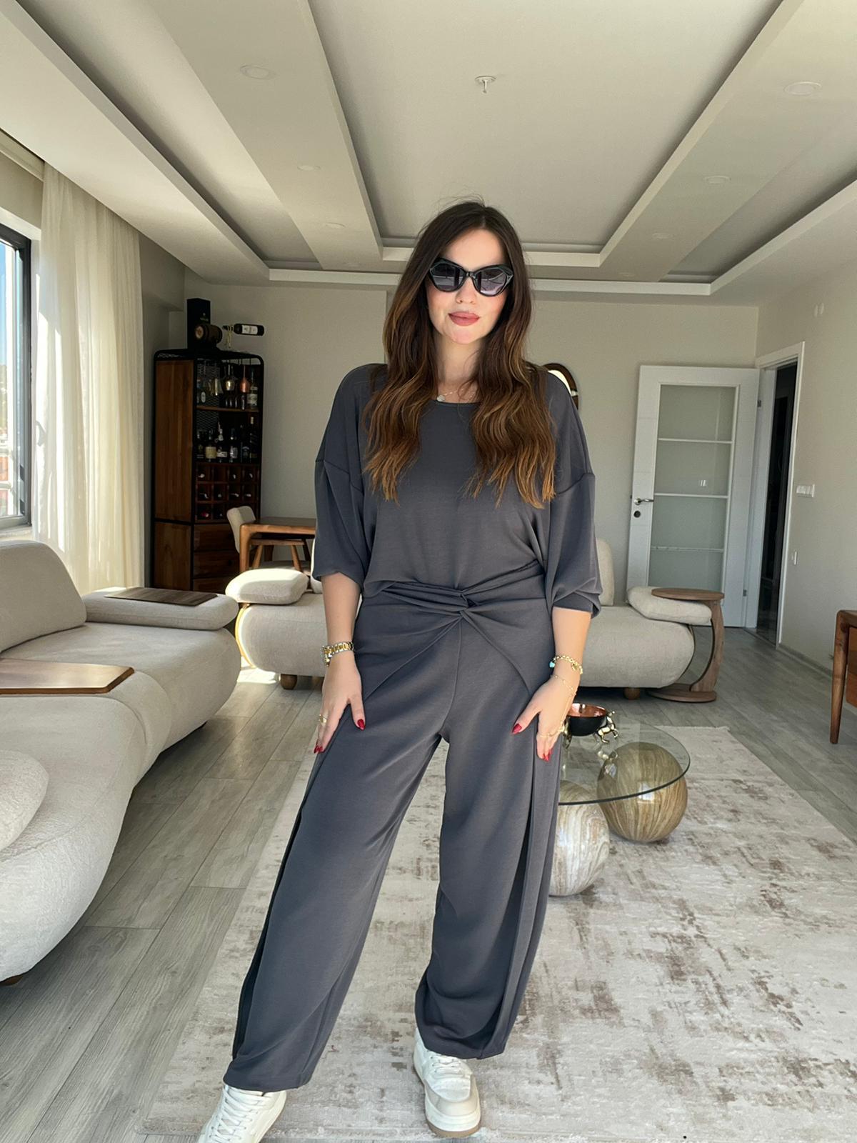 3149 Pantolonu Bluzu Düğüm Detay Takım ANTRESİT