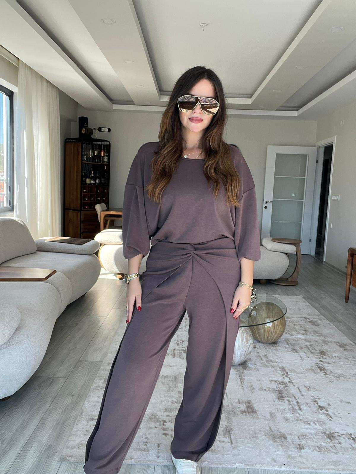 3149 Pantolonu Bluzu Düğüm Detay Takım KAHVE