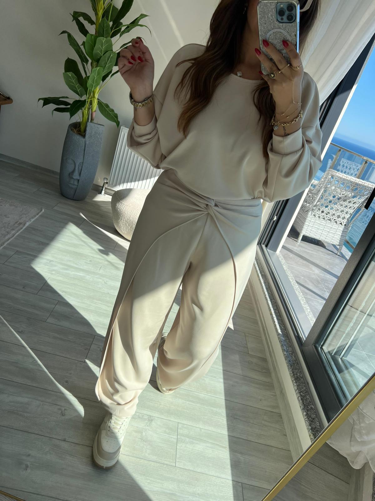 3149 Pantolonu Bluzu Düğüm Detay Takım KREM