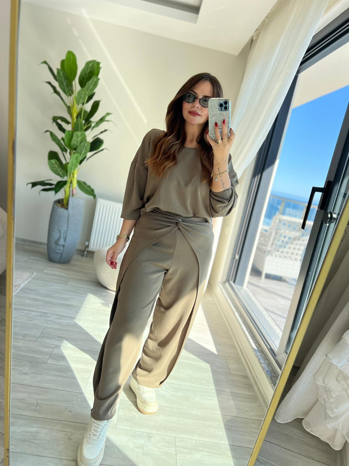 3149 Pantolonu Bluzu Düğüm Detay Takım YEŞİL