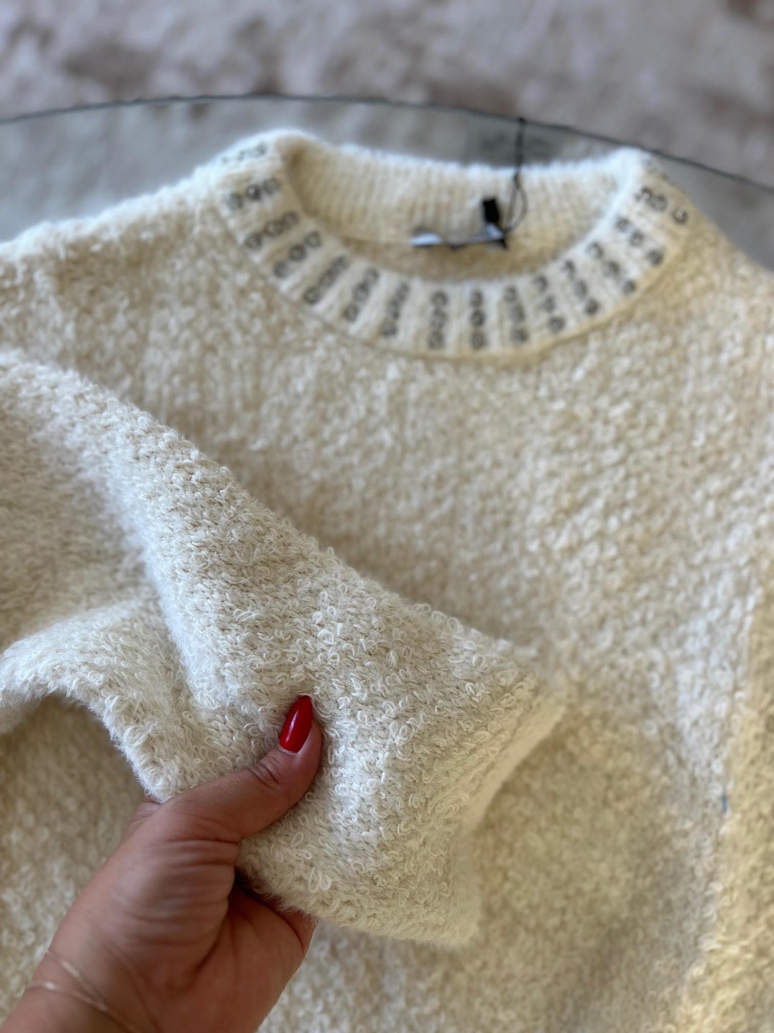 3174 Angora Taş Detaylı Crop Kazak VANİLYA
