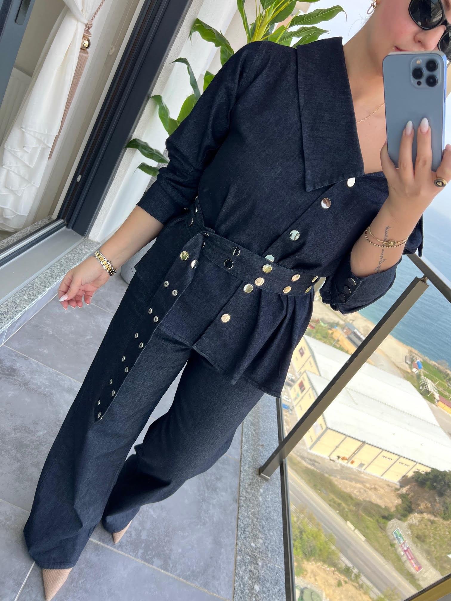 3174 Asimetrik Yaka Denim Takım LACİVERT