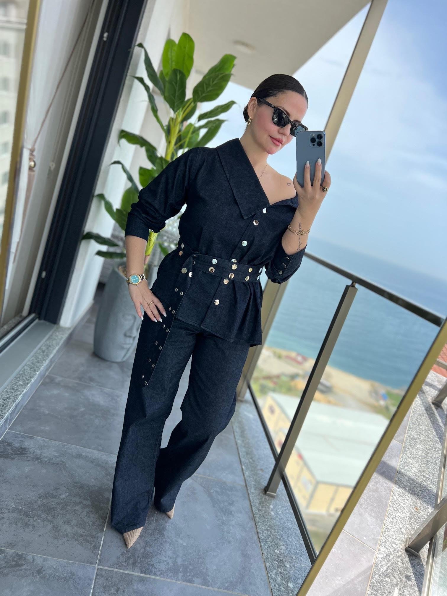 3174 Asimetrik Yaka Denim Takım LACİVERT