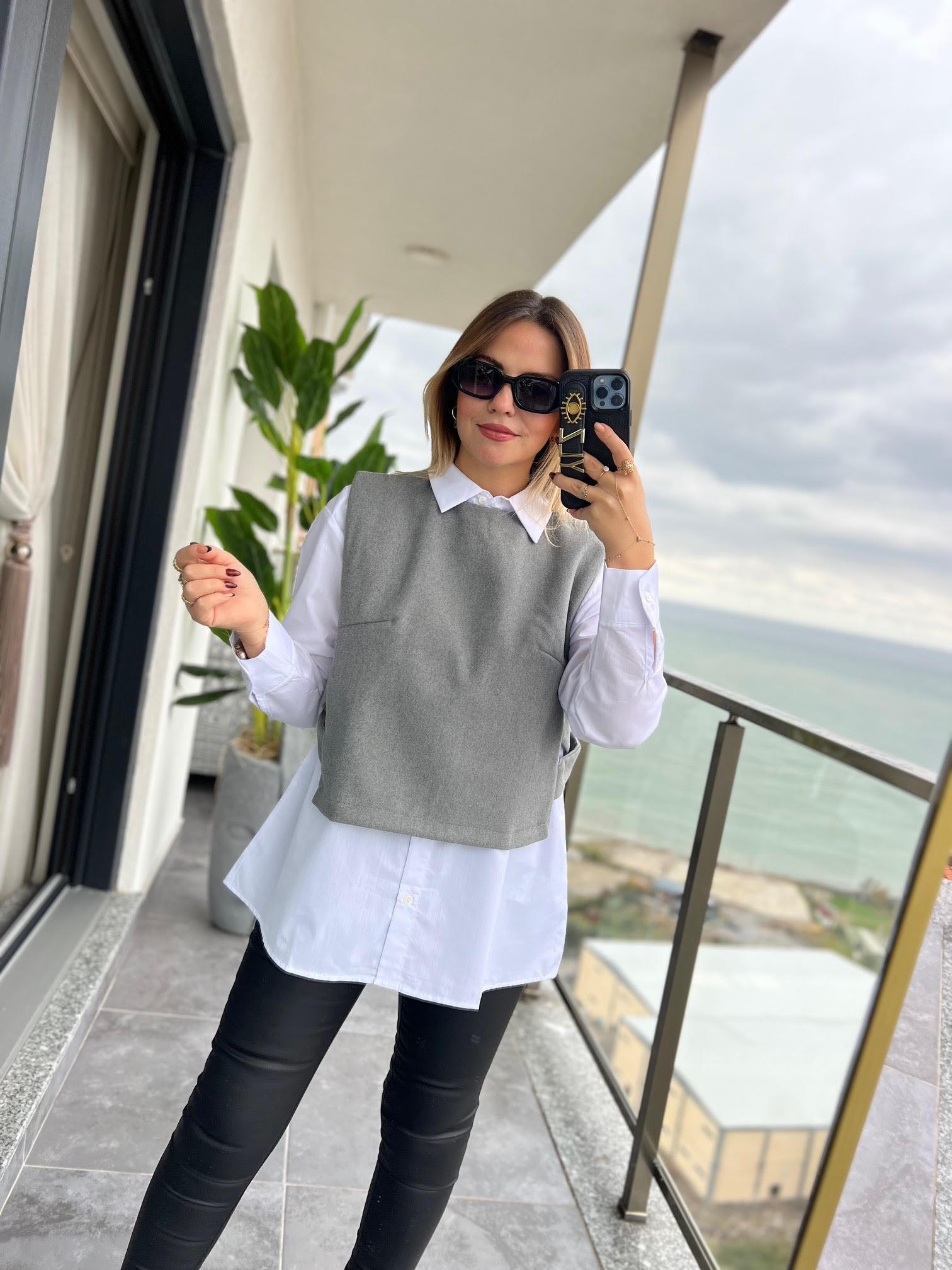 34140 Poplin Gömlekli Kısa Süveter GRİ