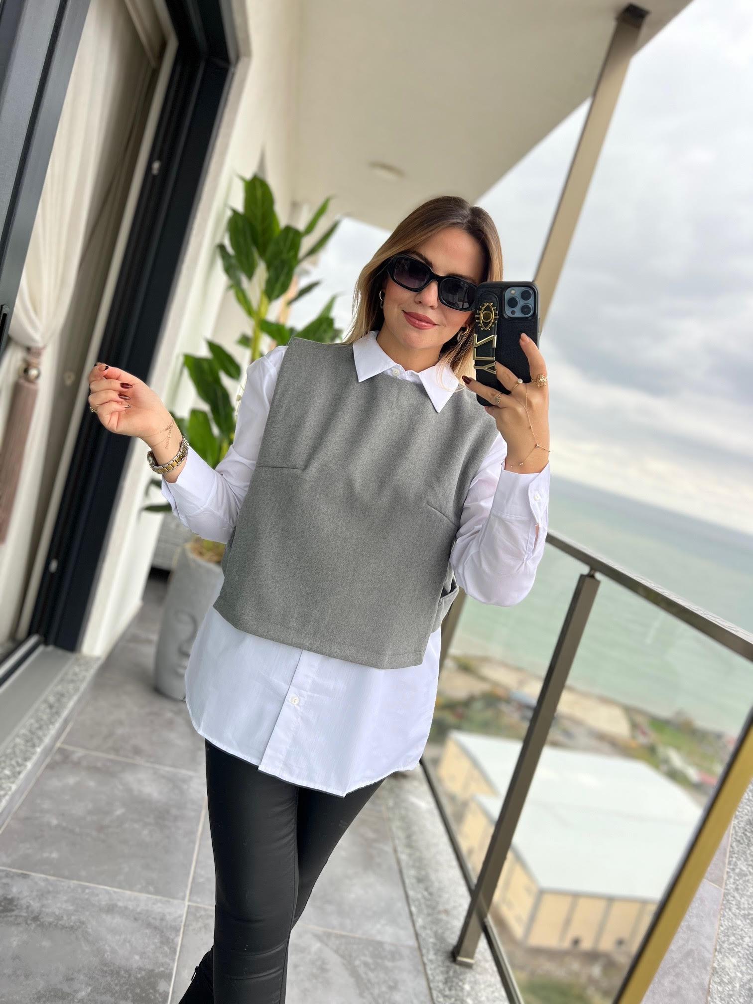 34140 Poplin Gömlekli Kısa Süveter GRİ