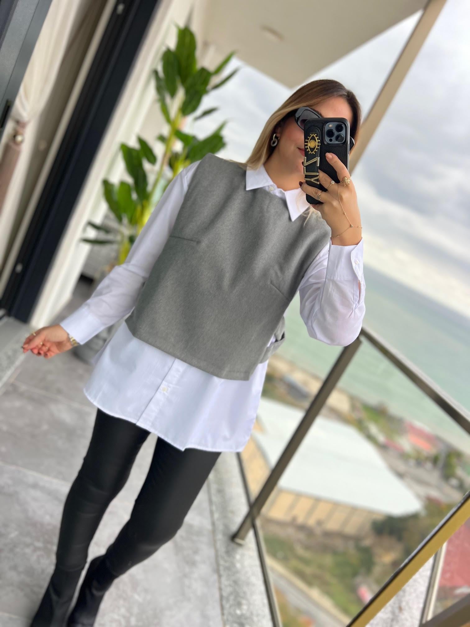 34140 Poplin Gömlekli Kısa Süveter GRİ