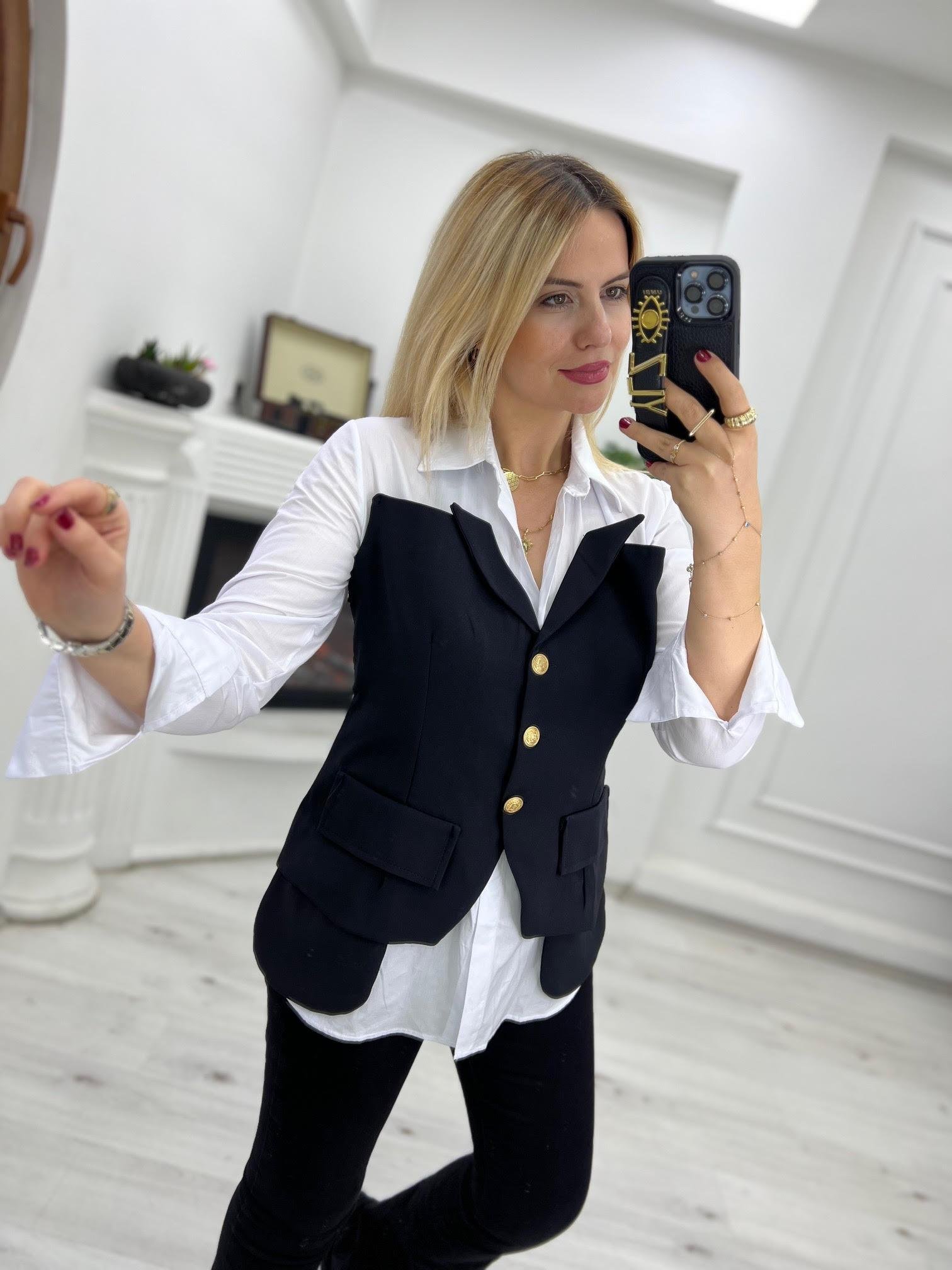 34169 Poplin Garnili Yelekli Bluz