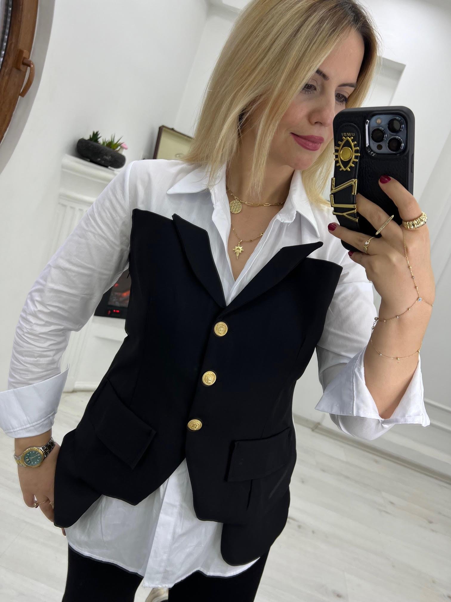 34169 Poplin Garnili Yelekli Bluz