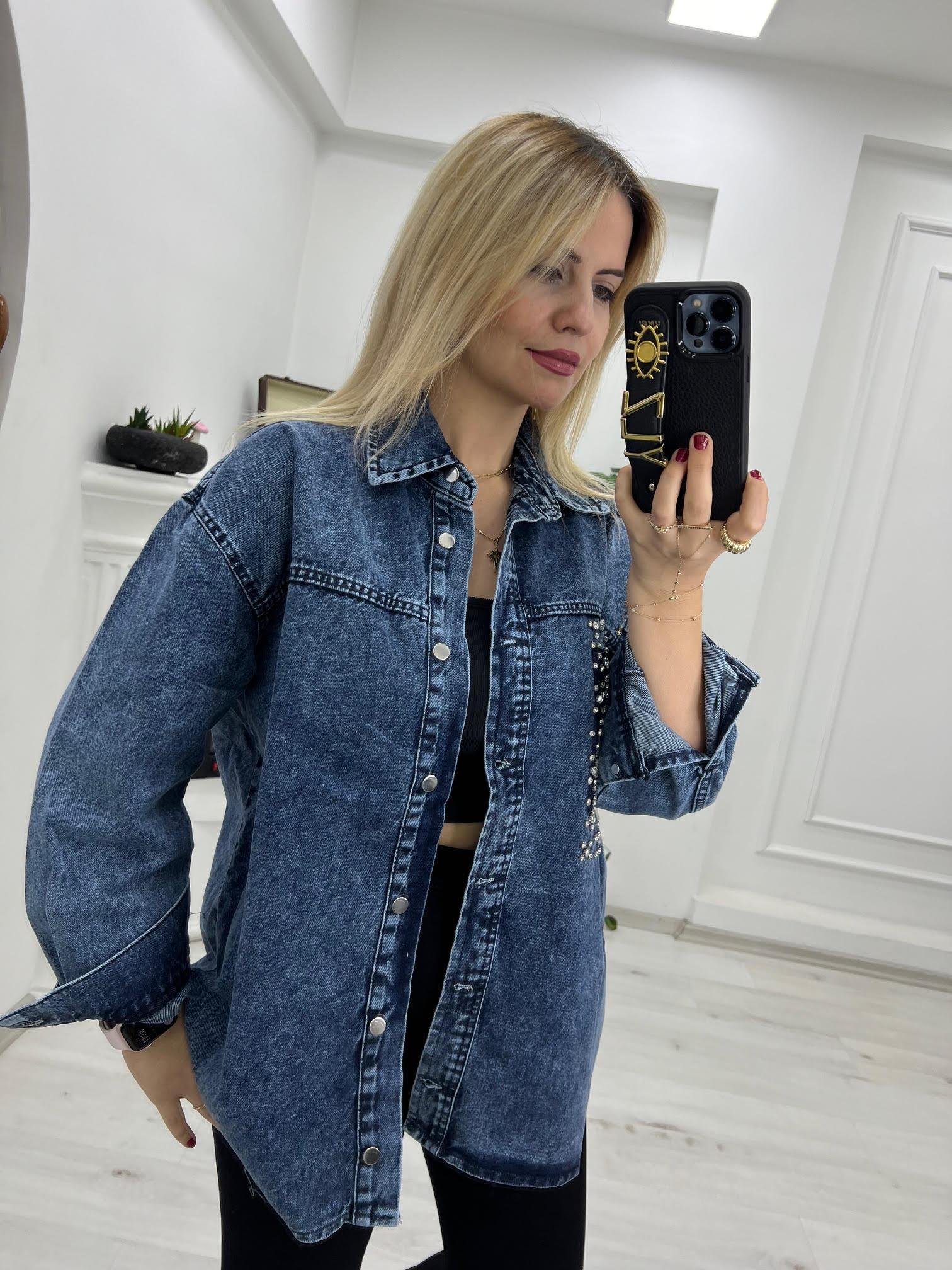 34199 Yanı Çakım Taşlı Kot Ceket