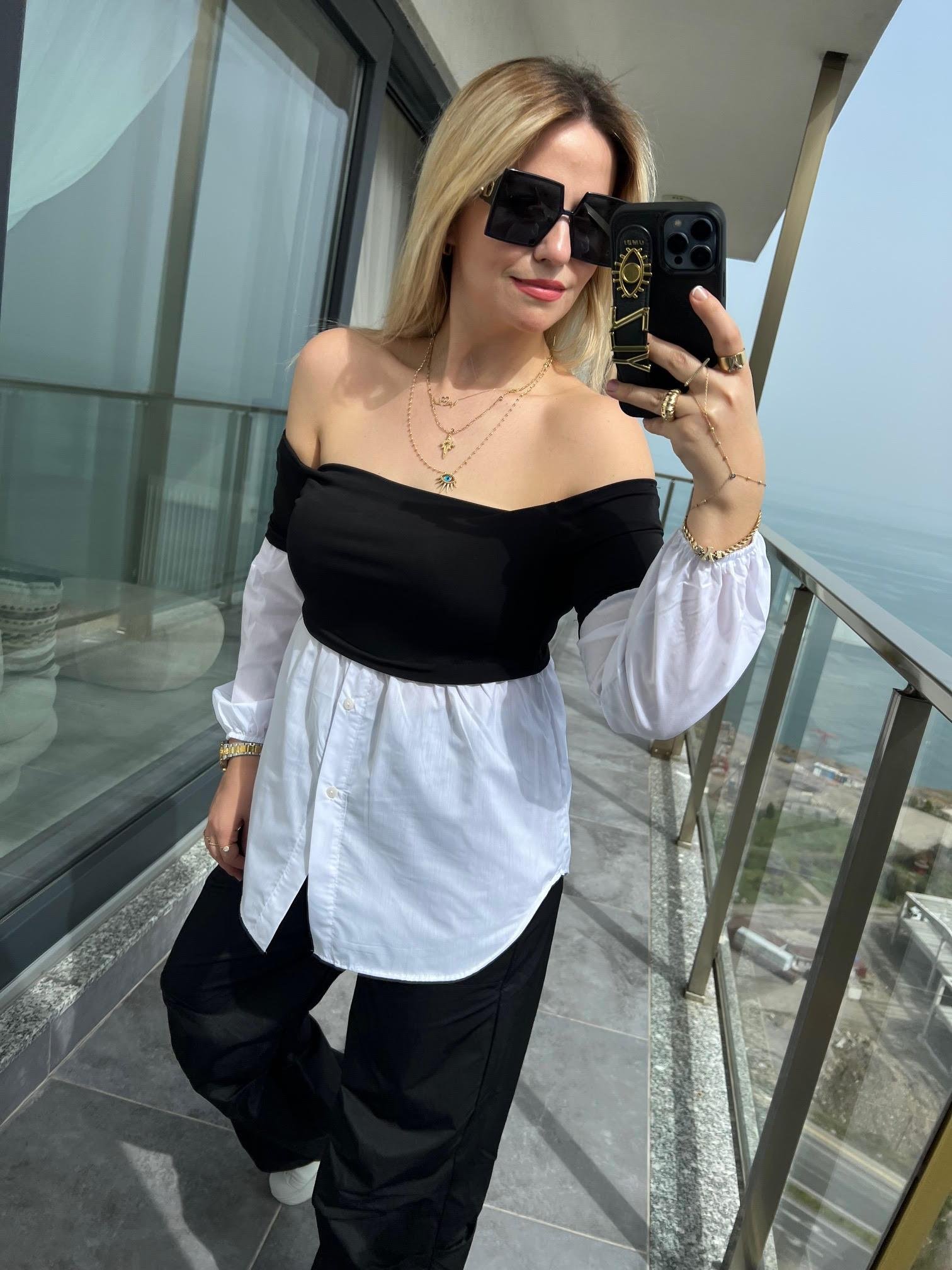 342225 Sandy Kayık Yaka Poplin Garnili Bluz SİYAH