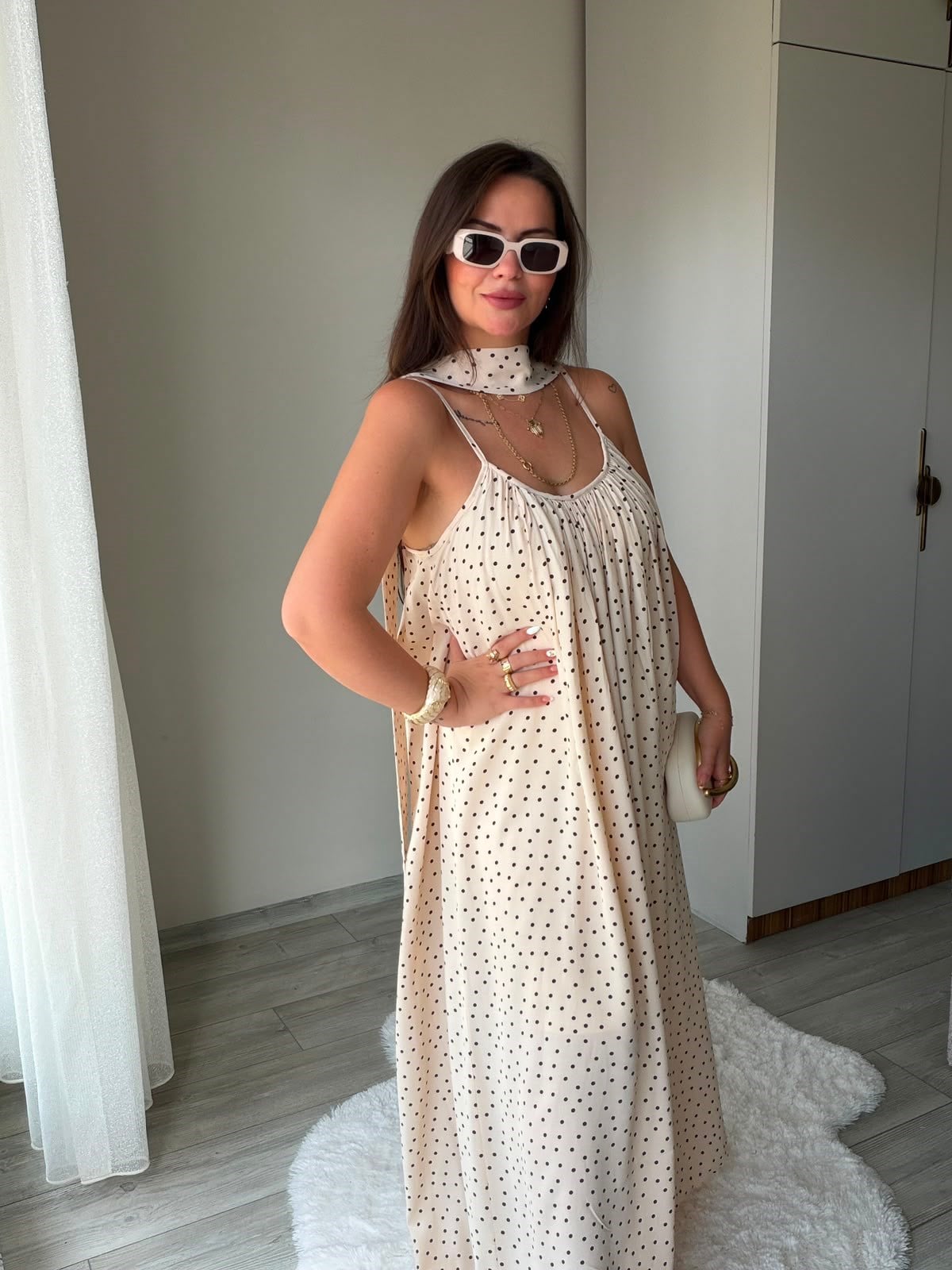 3439 Puantiyeli Askılı Elbise TAŞ