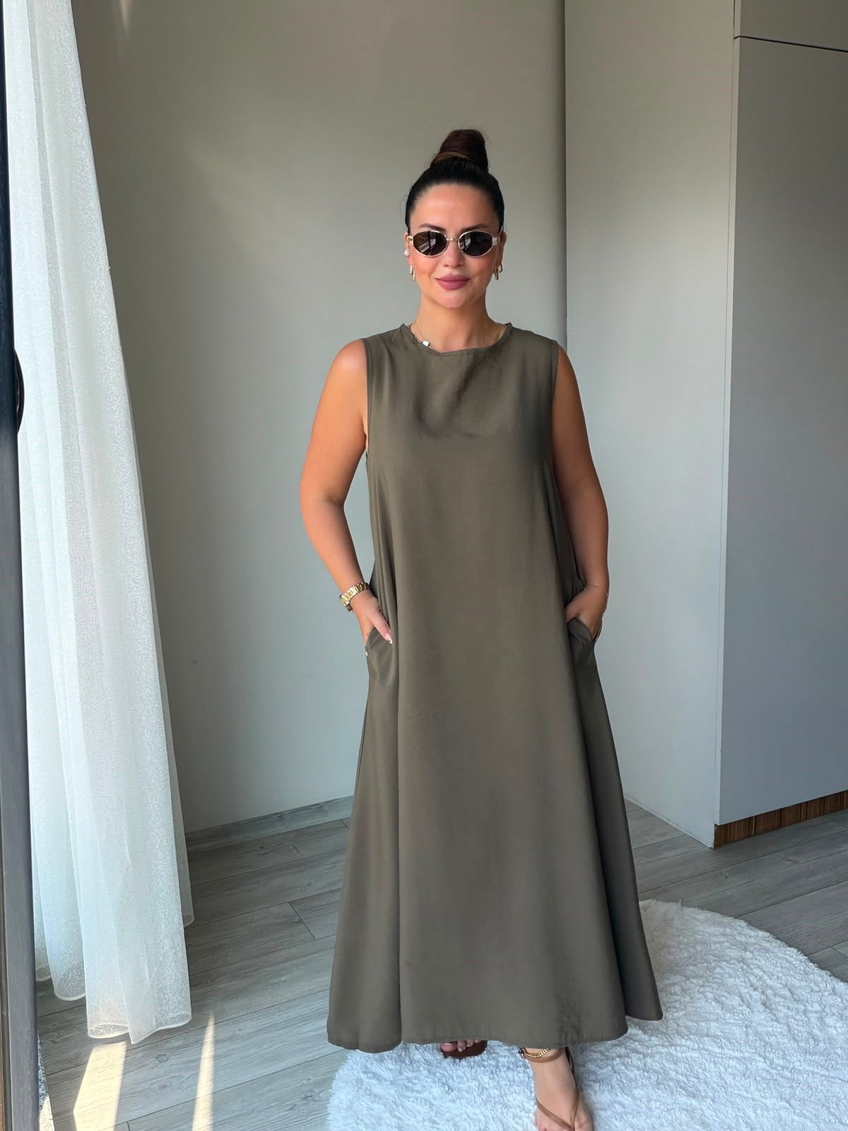 3453 Bisiklet Yakalı Elbise HAKİ YEŞİL