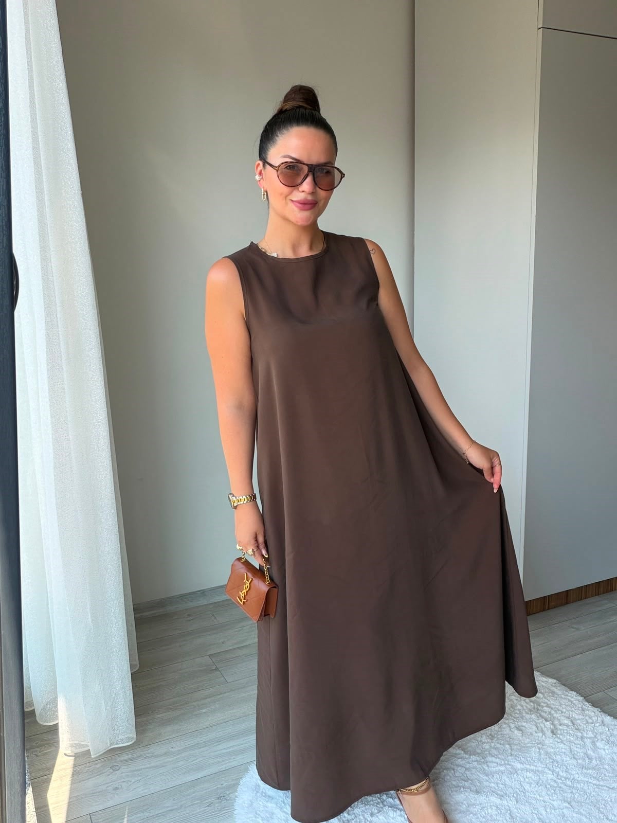 3453 Bisiklet Yakalı Elbise KAHVE
