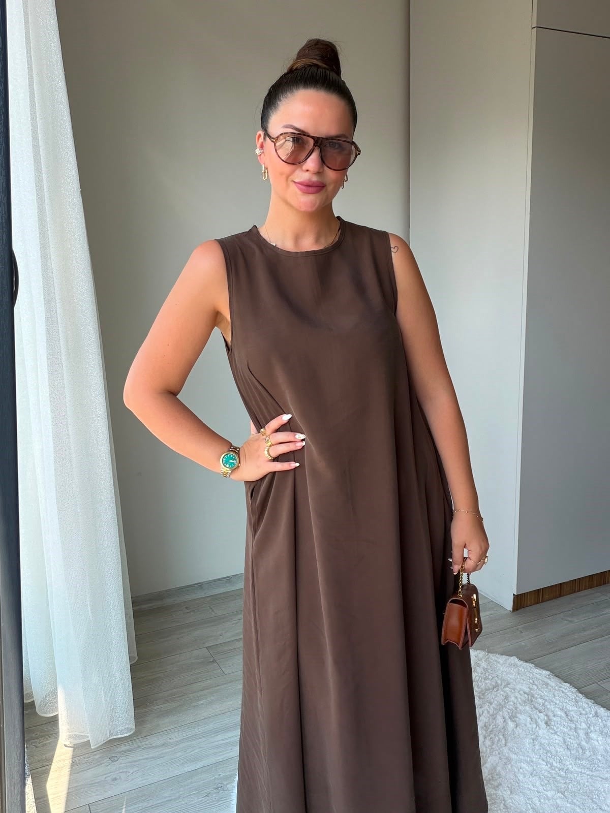 3453 Bisiklet Yakalı Elbise KAHVE