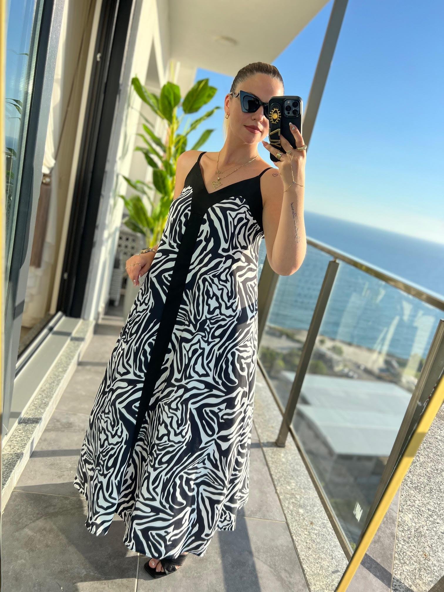 34684Zebra Desen Askılı Elbise ZEBRA