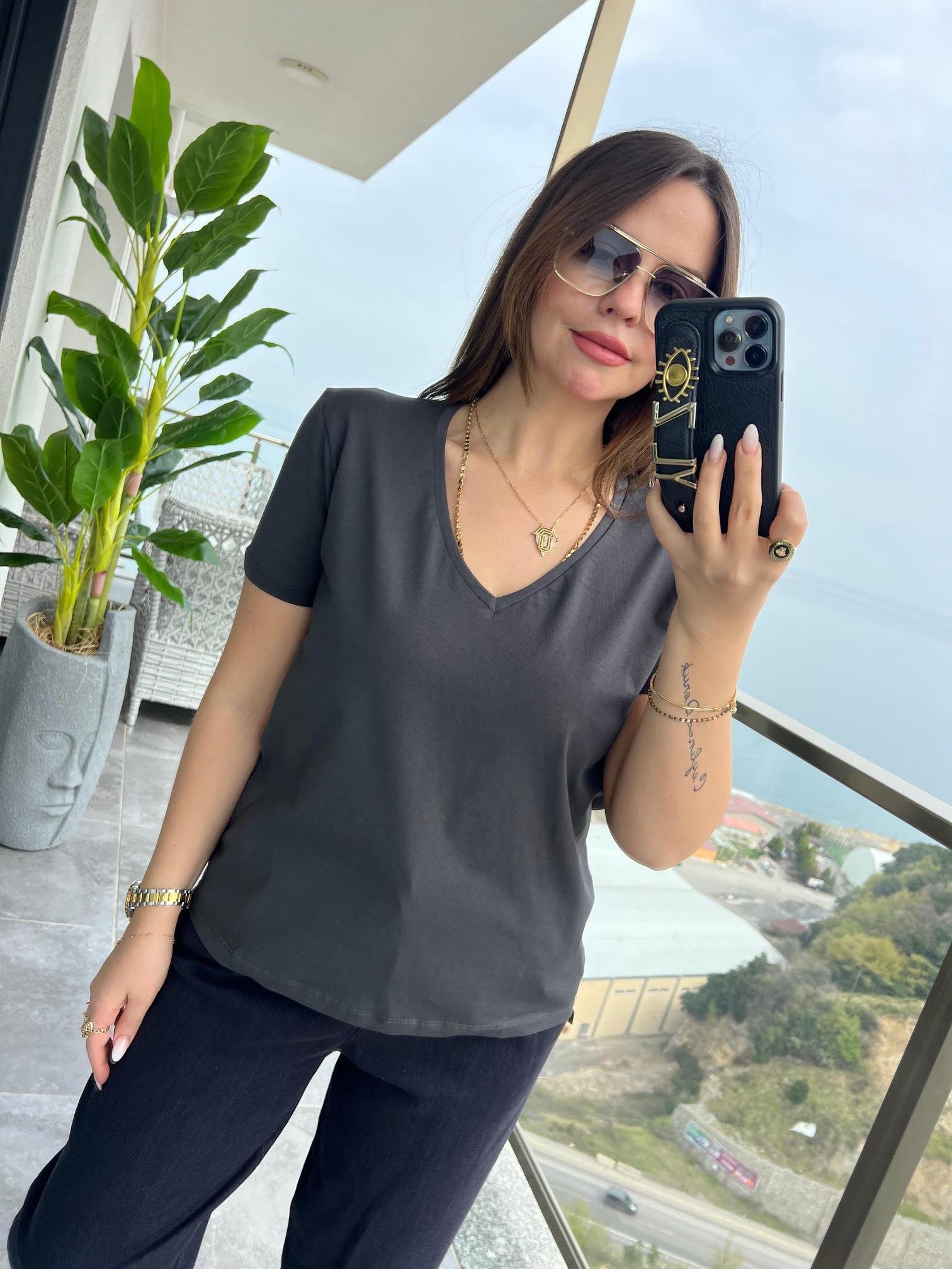 3470 V Yaka Basic Tshirt ANTRESİT