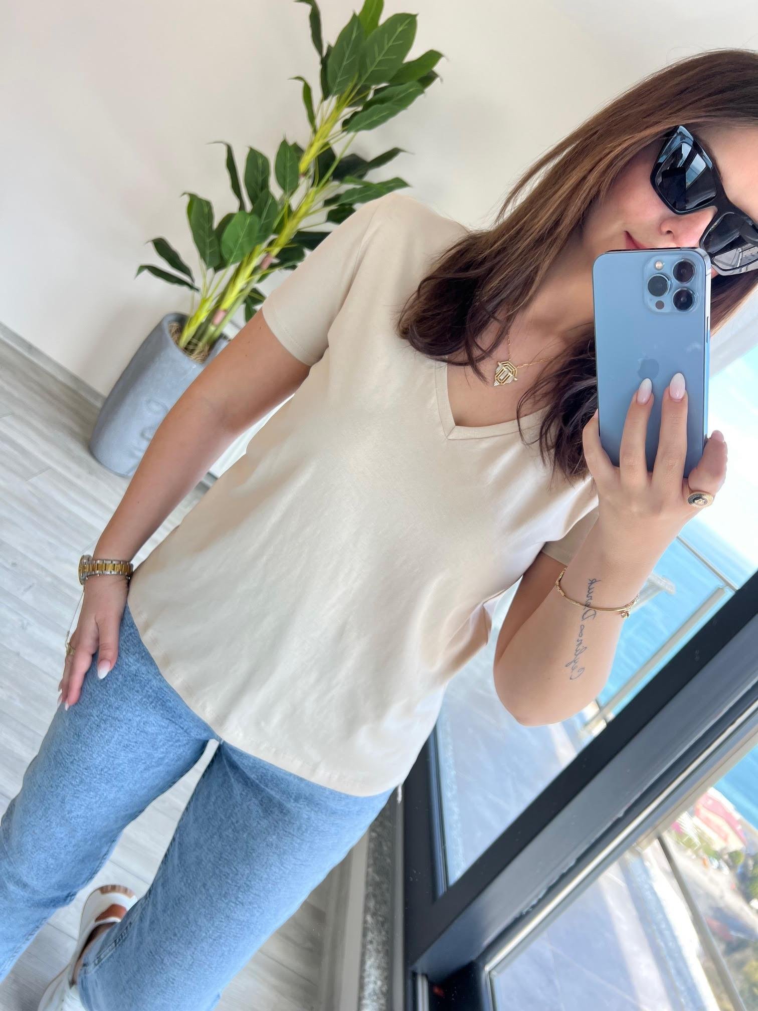 3470 V Yaka Basic Tshirt BEJ