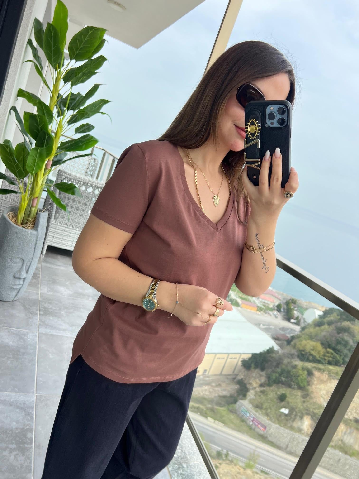 3470 V Yaka Basic Tshirt KAHVE