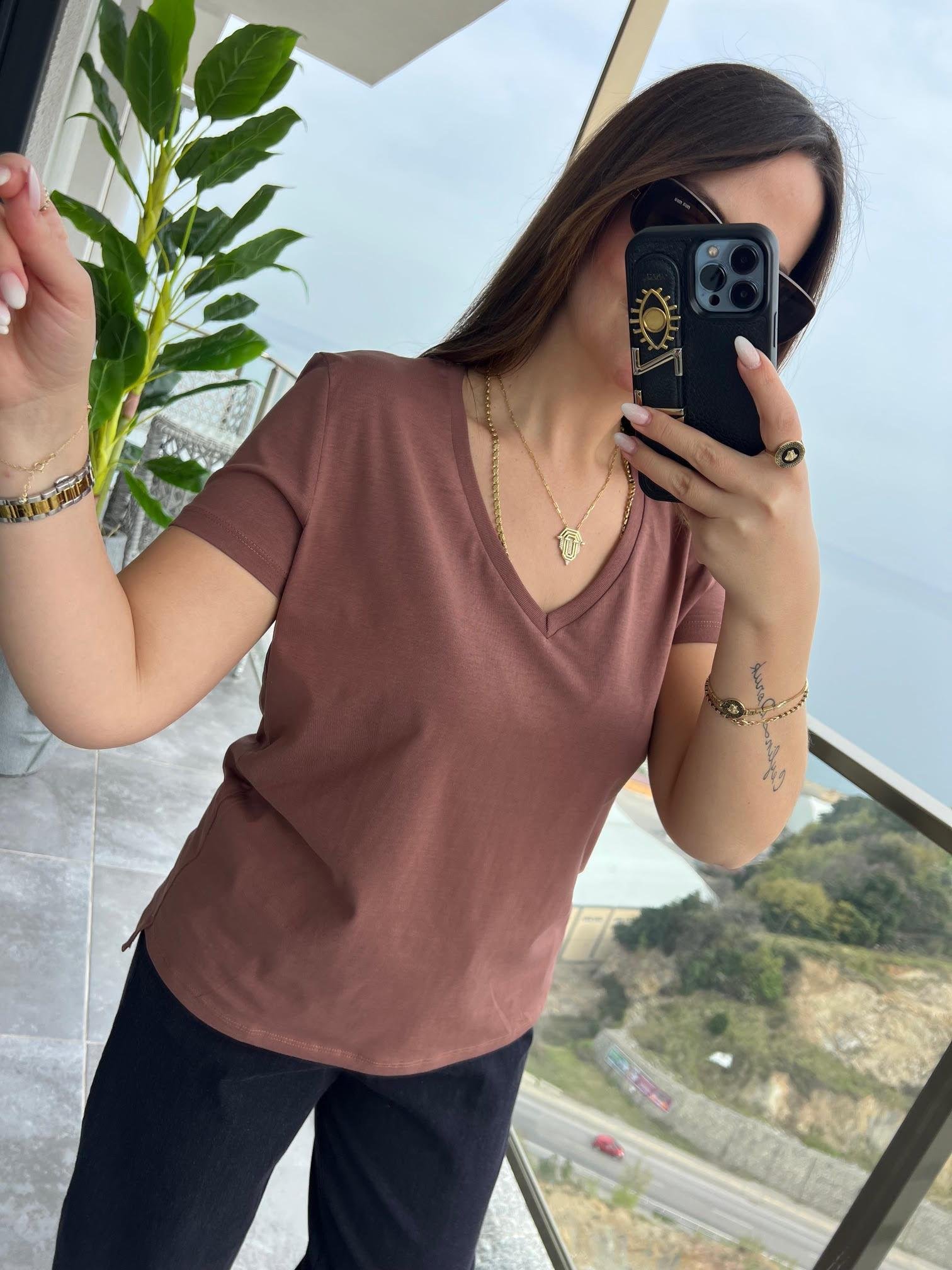 3470 V Yaka Basic Tshirt KAHVE