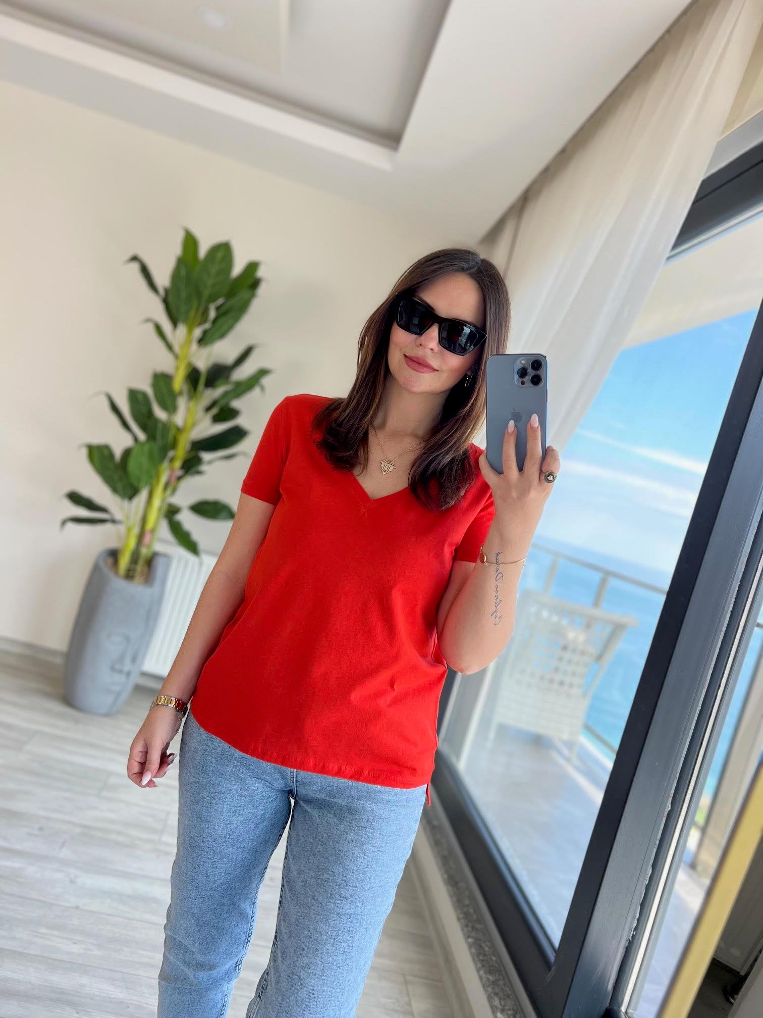 3470 V Yaka Basic Tshirt KIRMIZI