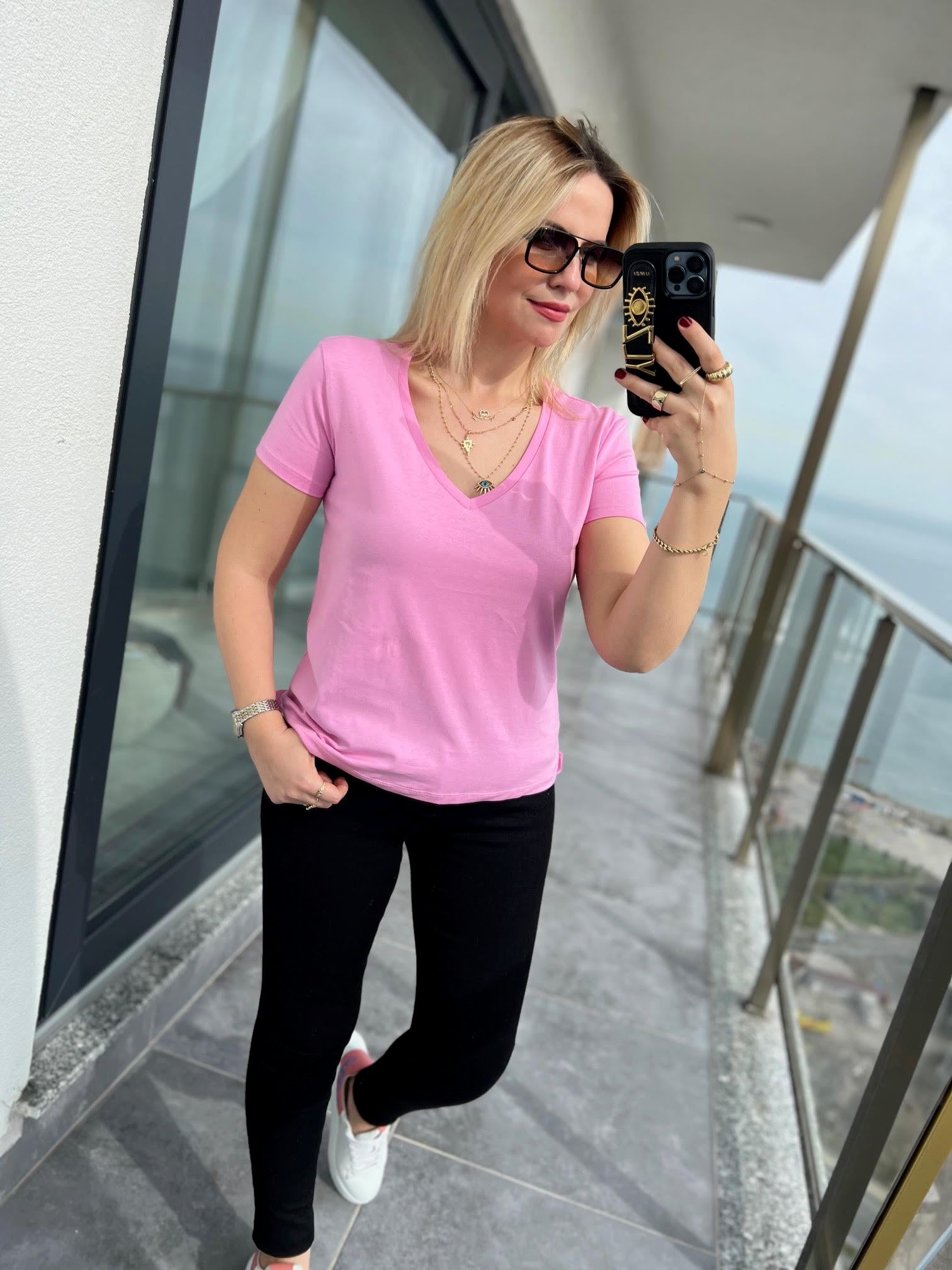 3470 V Yaka Basic Tshirt PEMBE