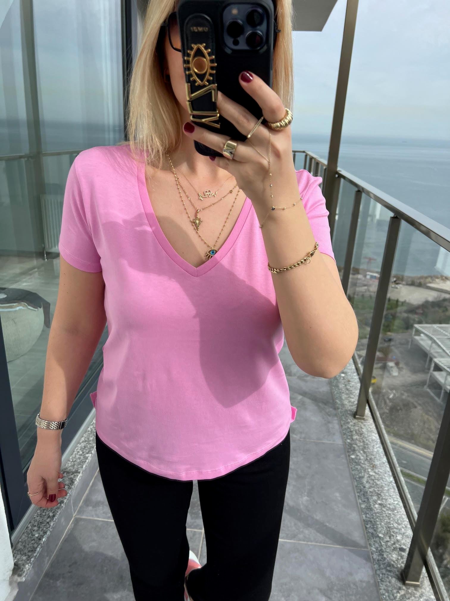 3470 V Yaka Basic Tshirt PEMBE