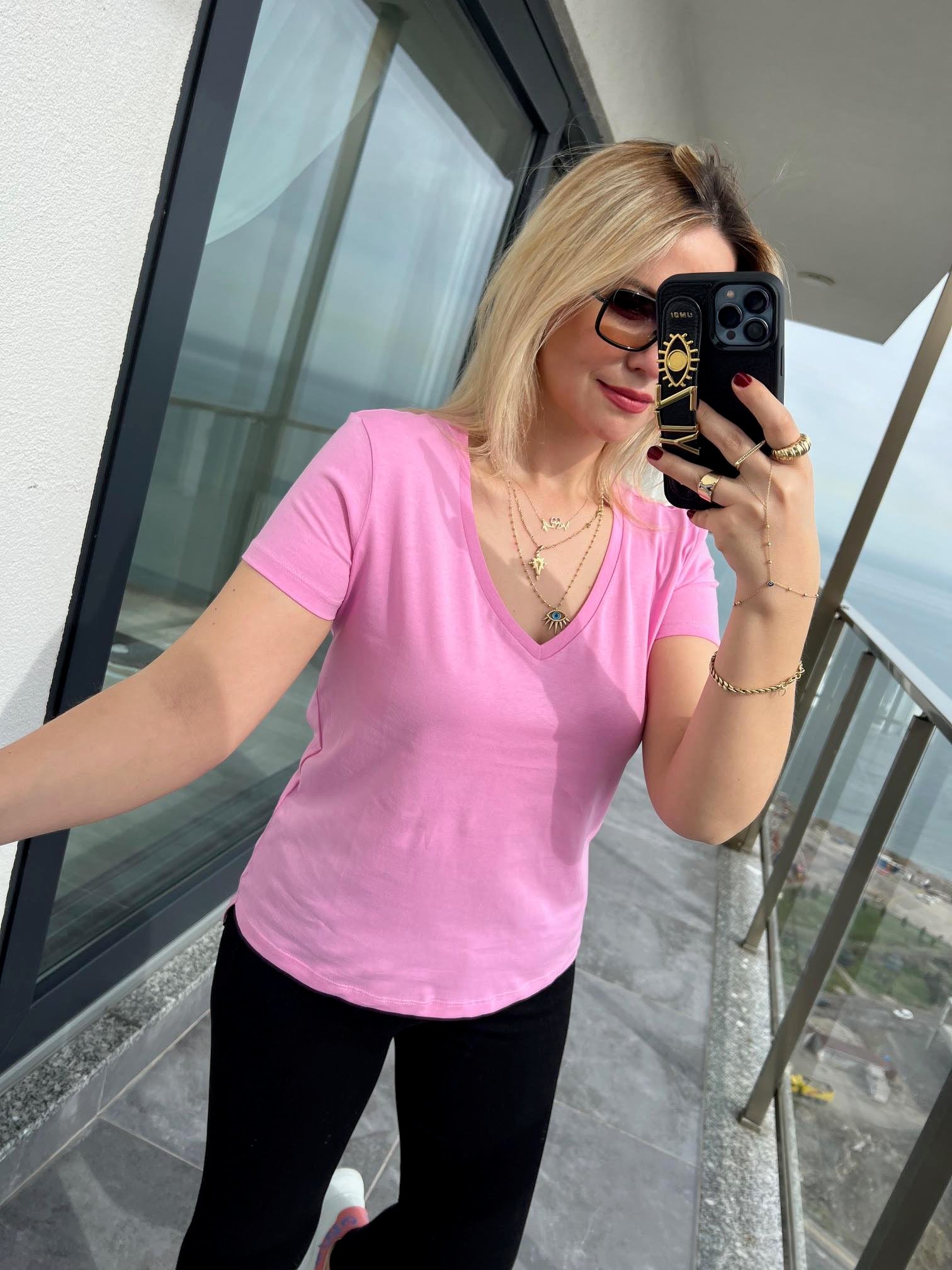 3470 V Yaka Basic Tshirt PEMBE