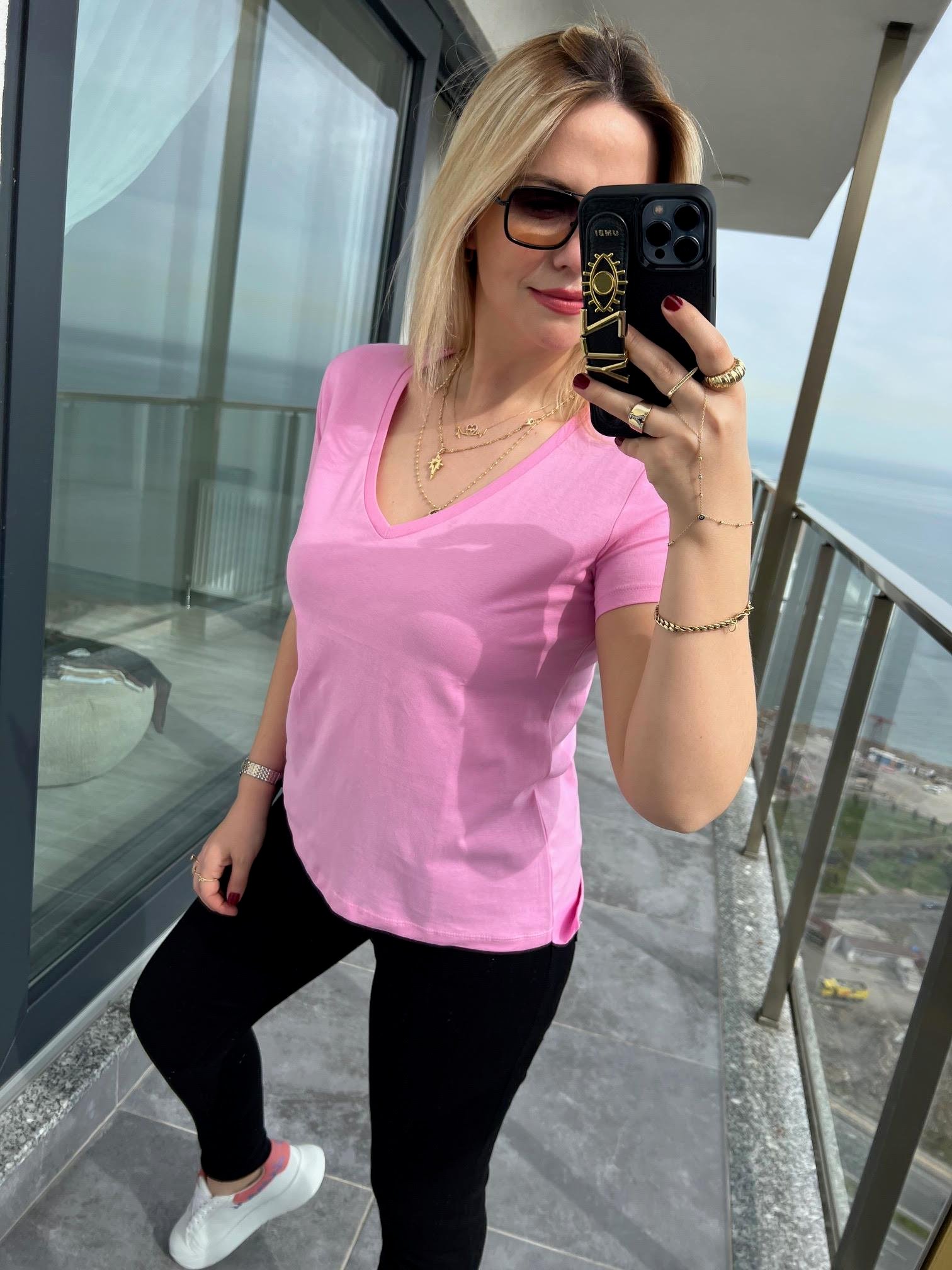 3470 V Yaka Basic Tshirt PEMBE