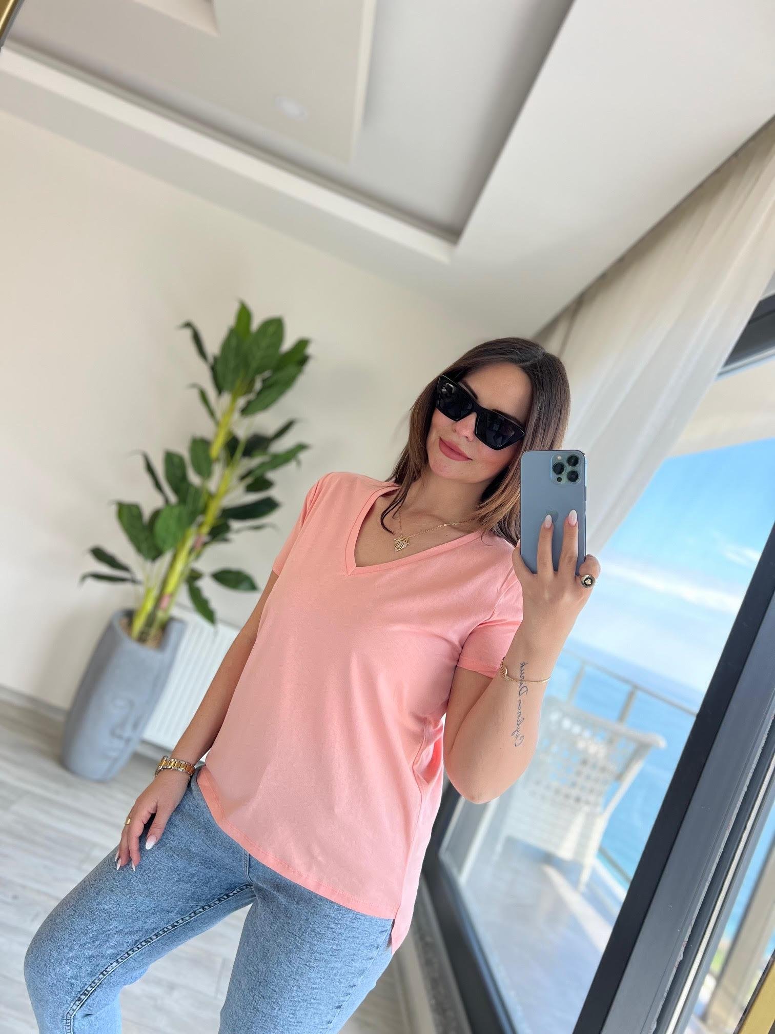 3470 V Yaka Basic Tshirt ŞEFTALİ