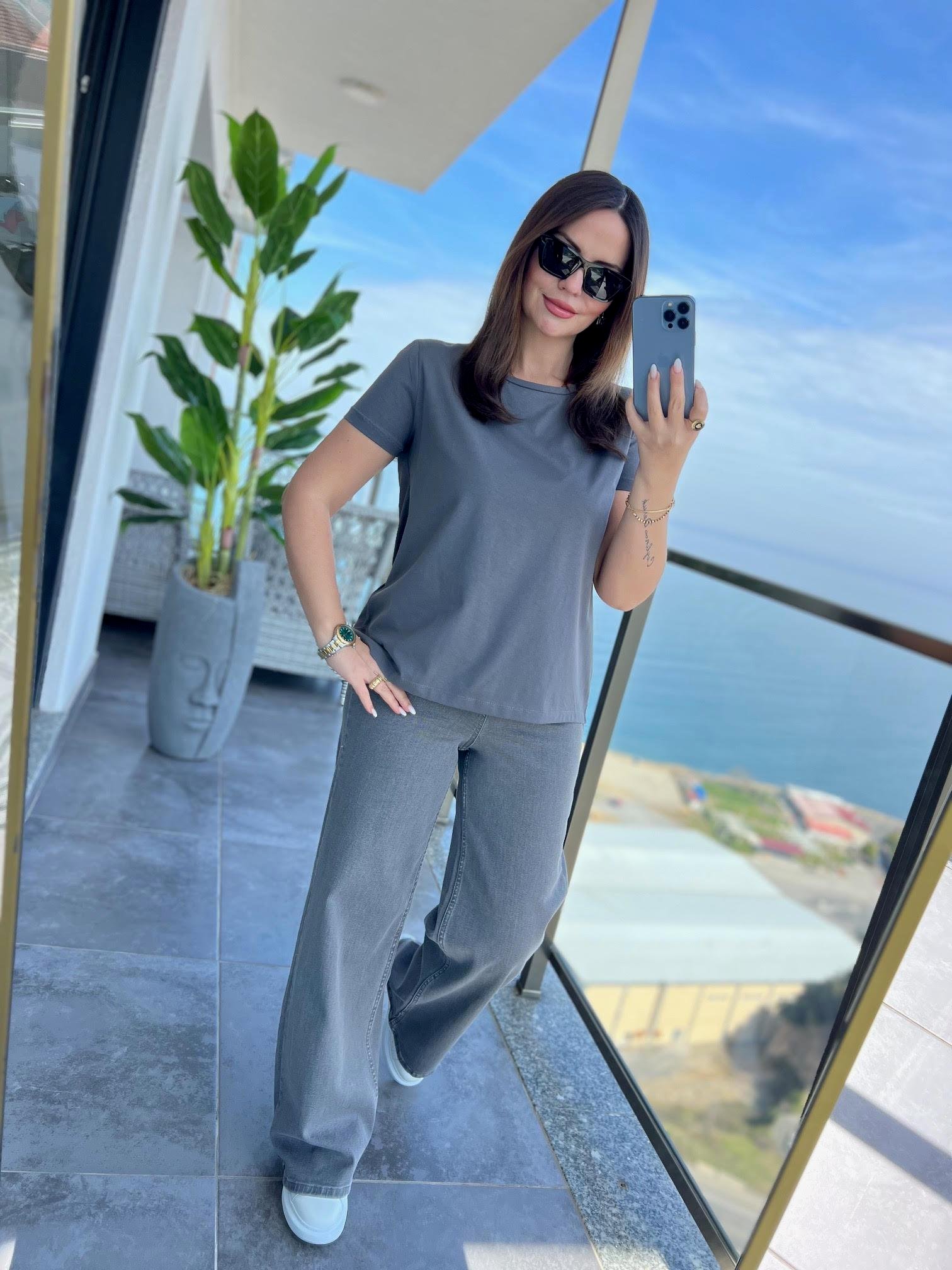 3471 Yuvarlak Yaka Basic Tshirt FÜME