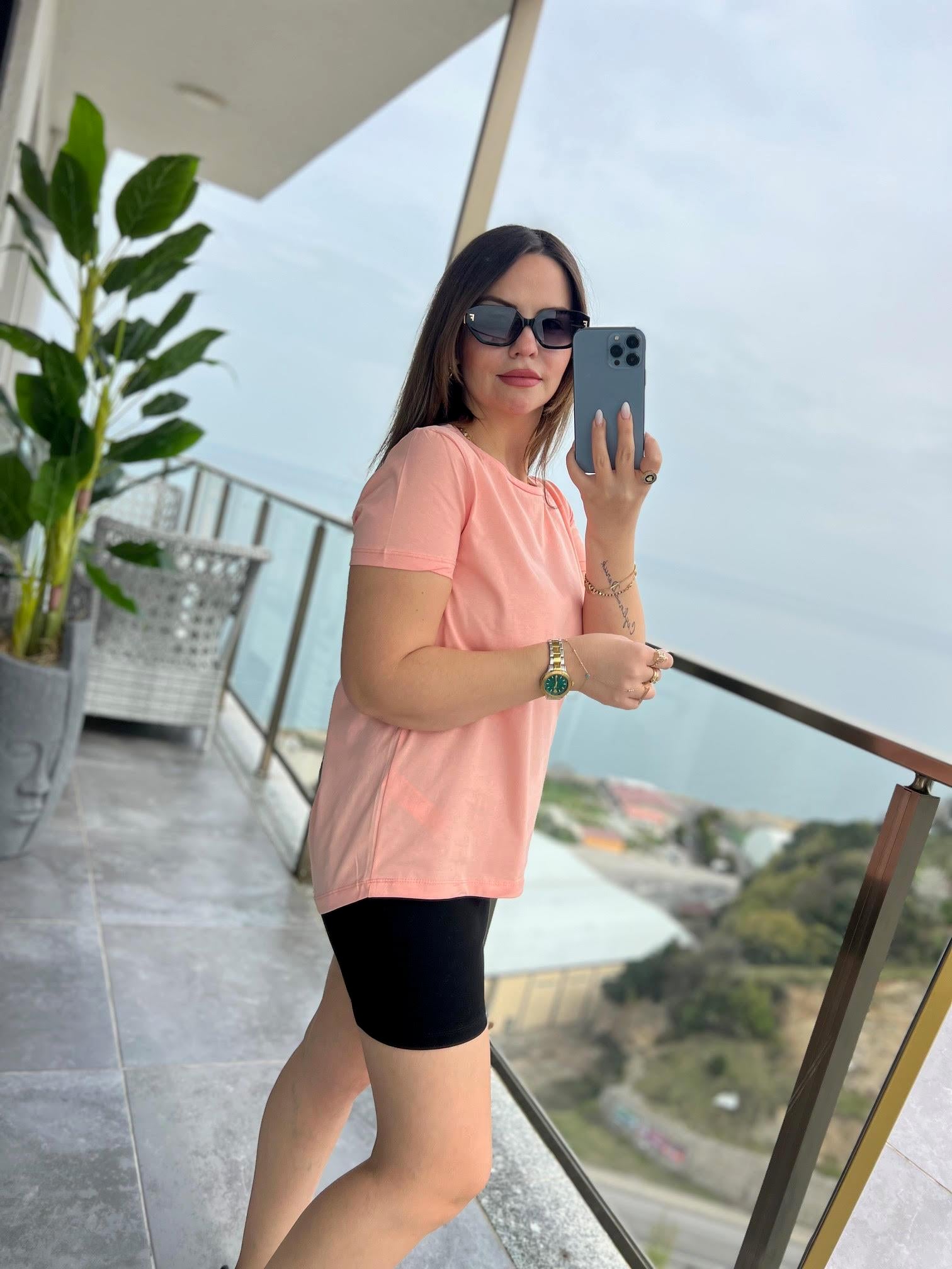 3471 Yuvarlak Yaka Basic Tshirt ŞEFTALİ