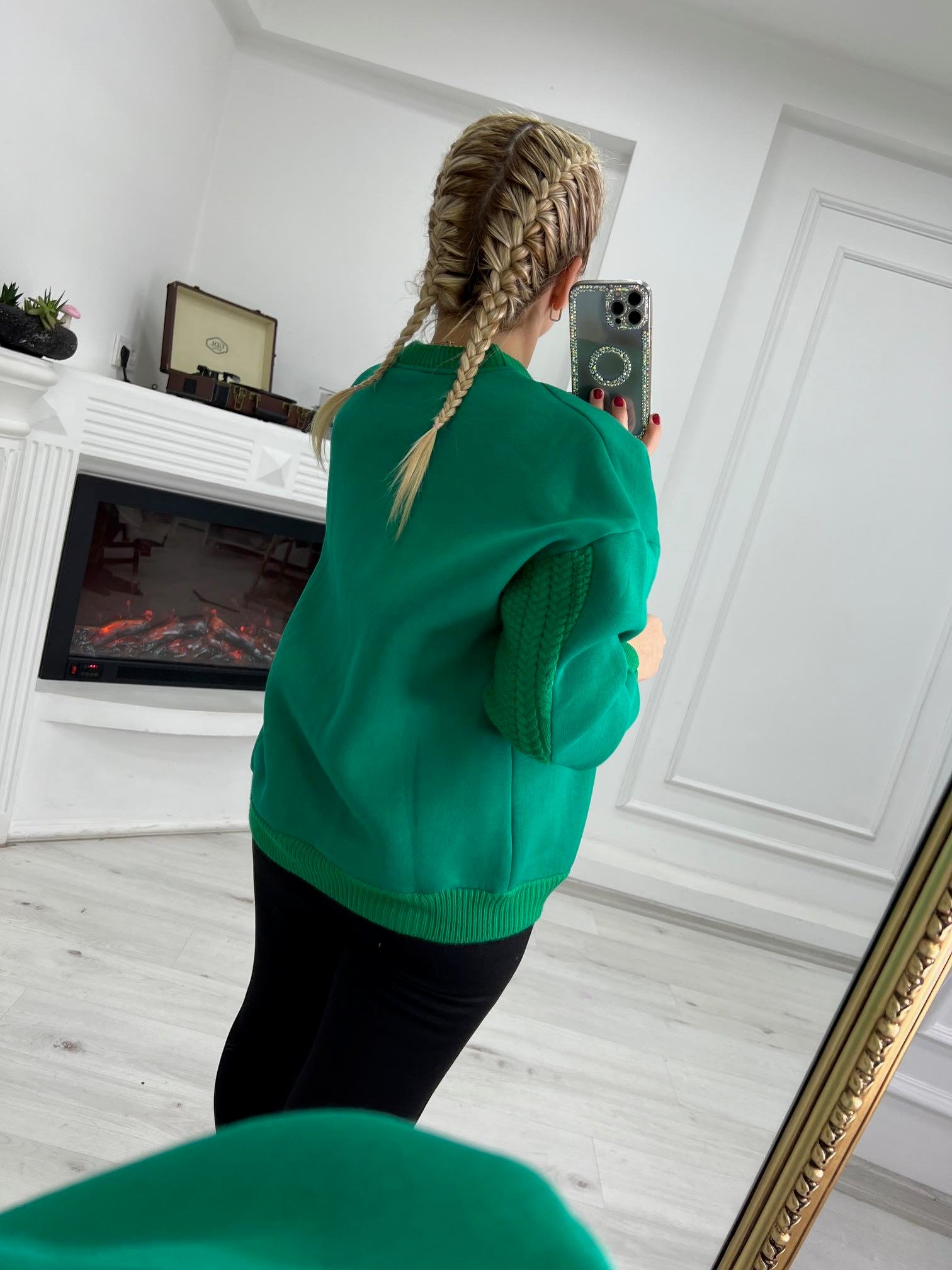 3521 Fermuarlı Triko Detay Tasarım Sweat YEŞİL