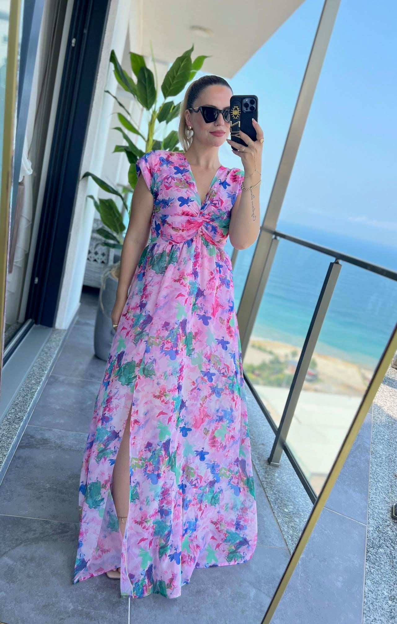 3522 Yırtmaçlı Uzun Elbise PEMBE
