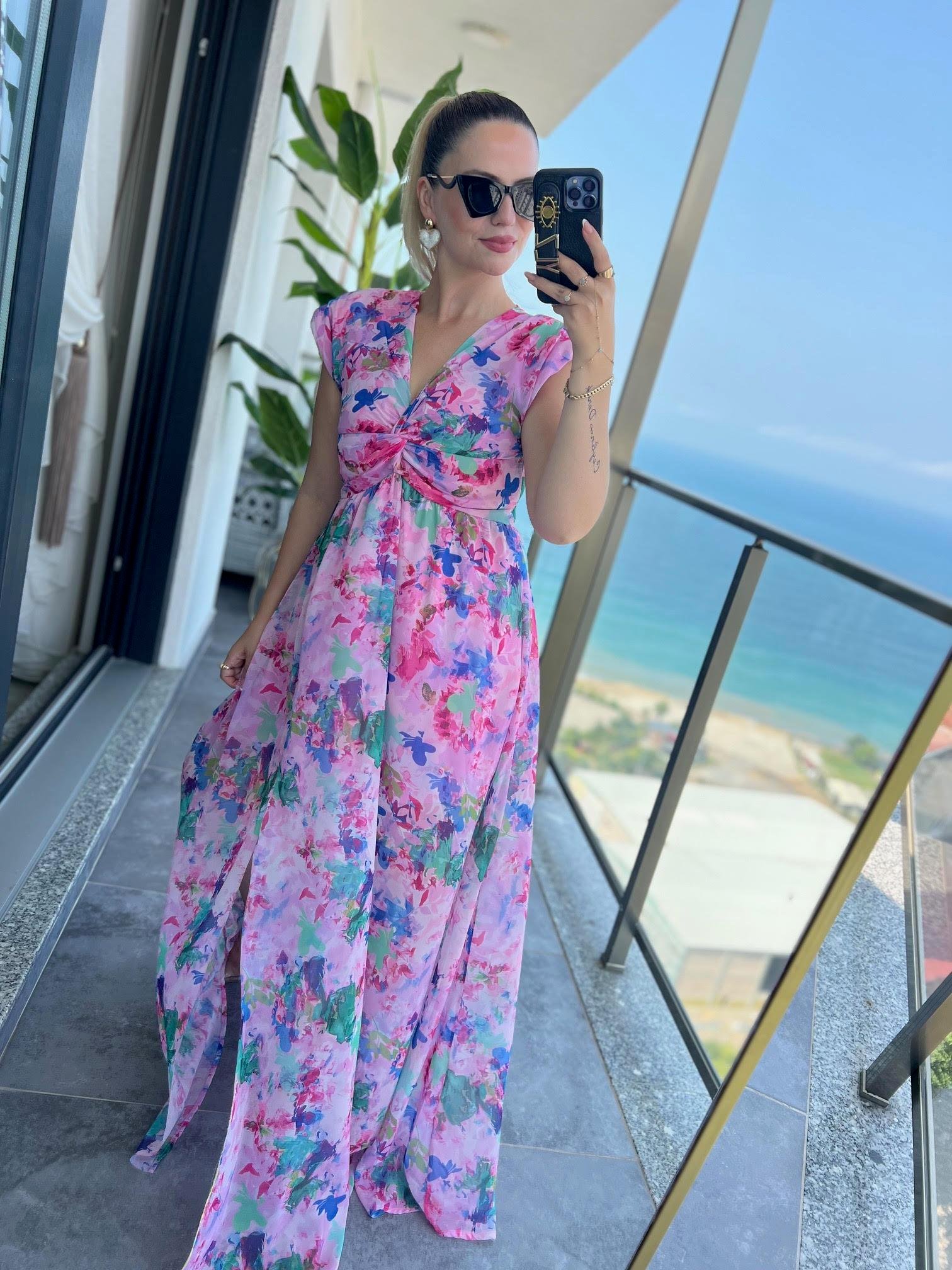 3522 Yırtmaçlı Uzun Elbise PEMBE
