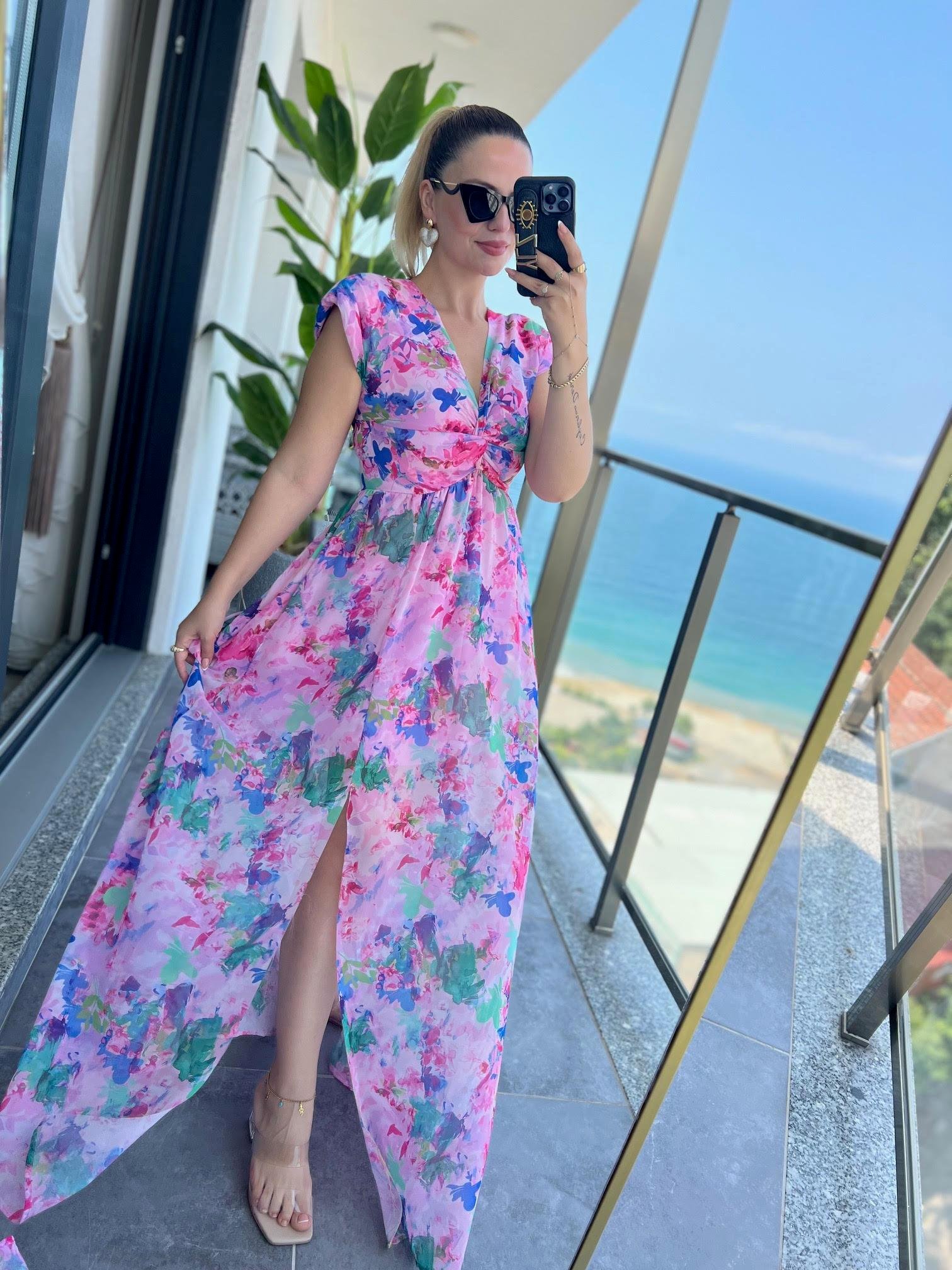 3522 Yırtmaçlı Uzun Elbise PEMBE