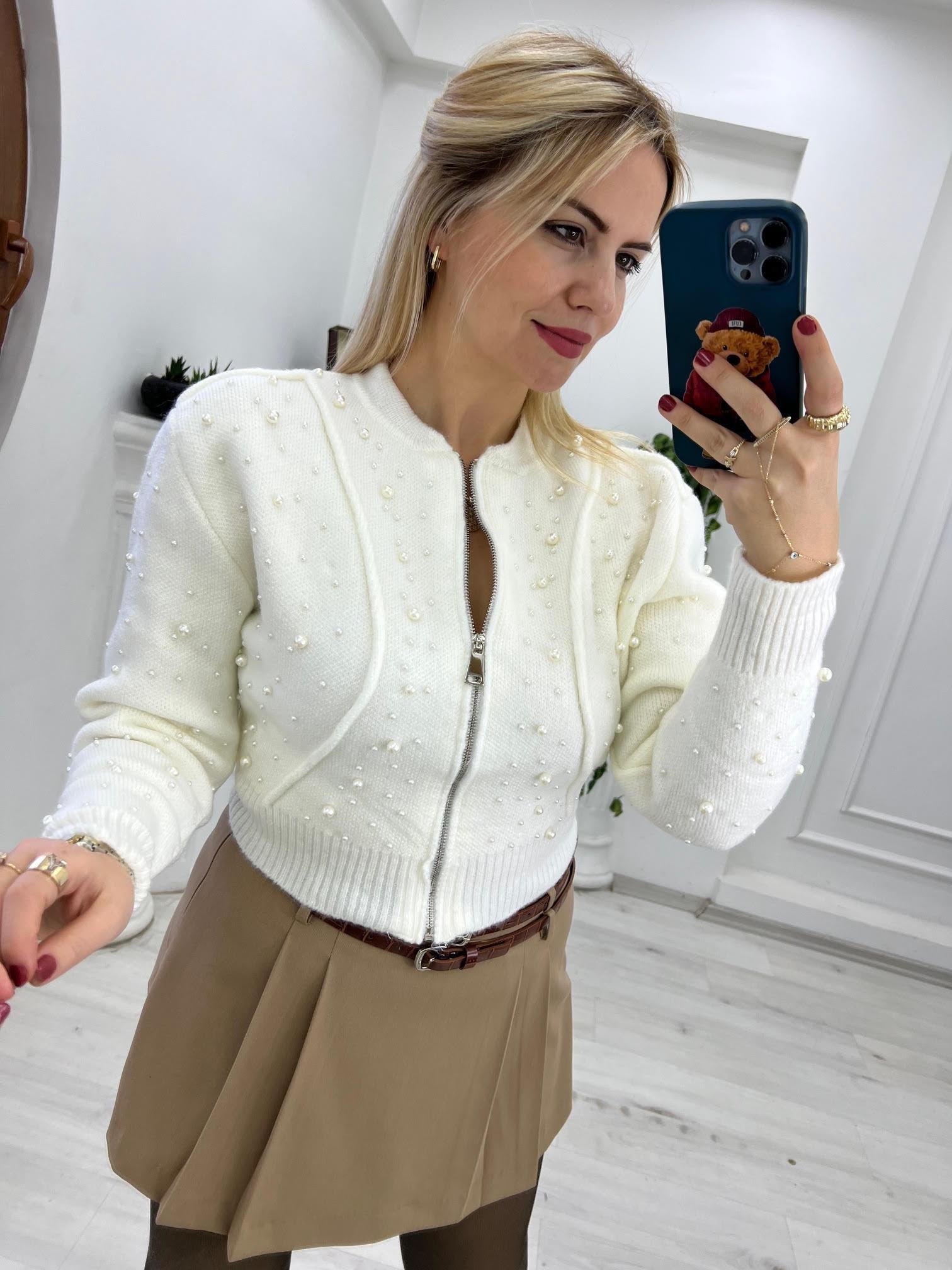 3658 İnci İşlemeli Fermuarlı Hırka EKRU