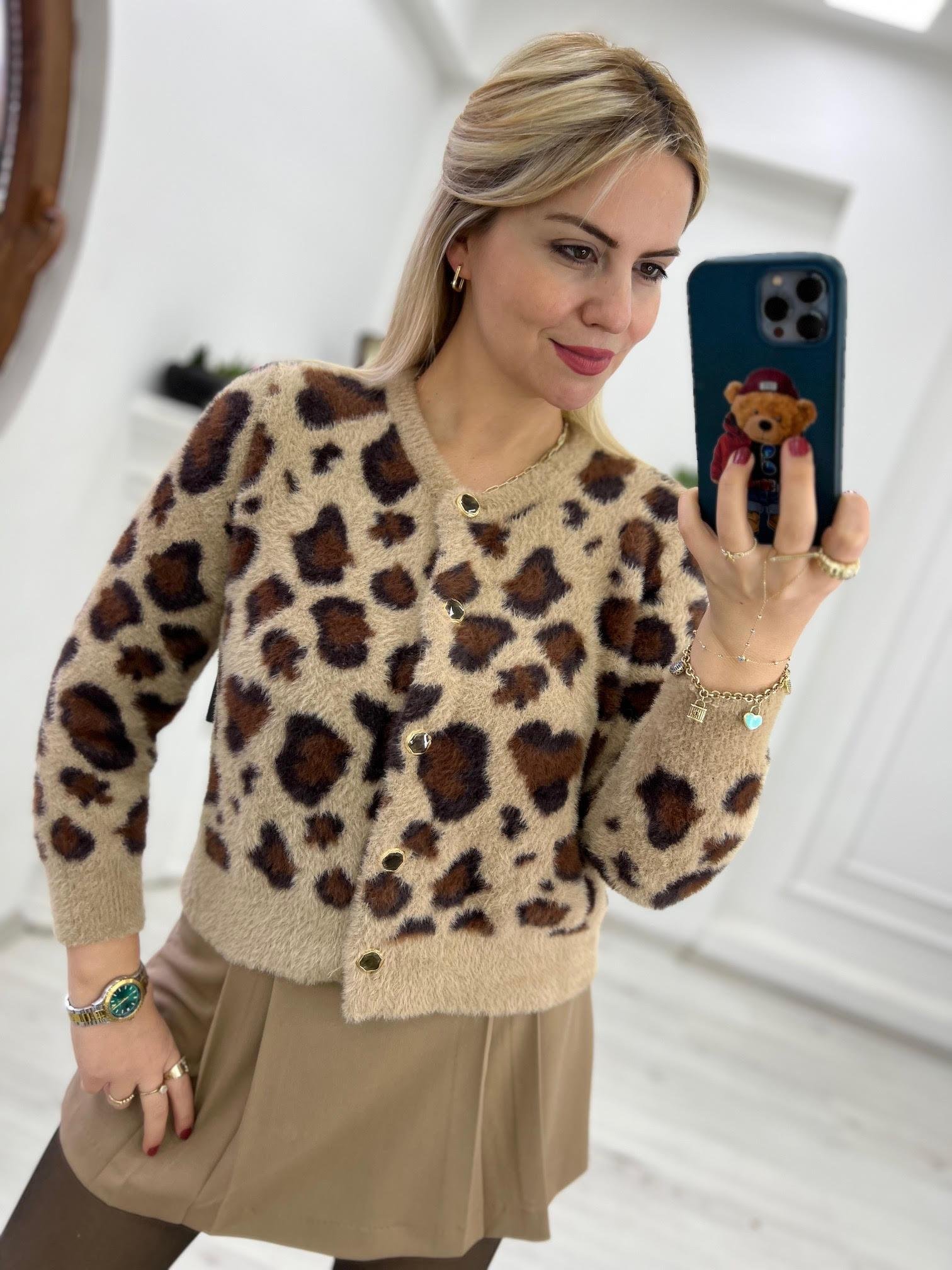 3680 Leopar Kısa Yumoş Hırka BEJ