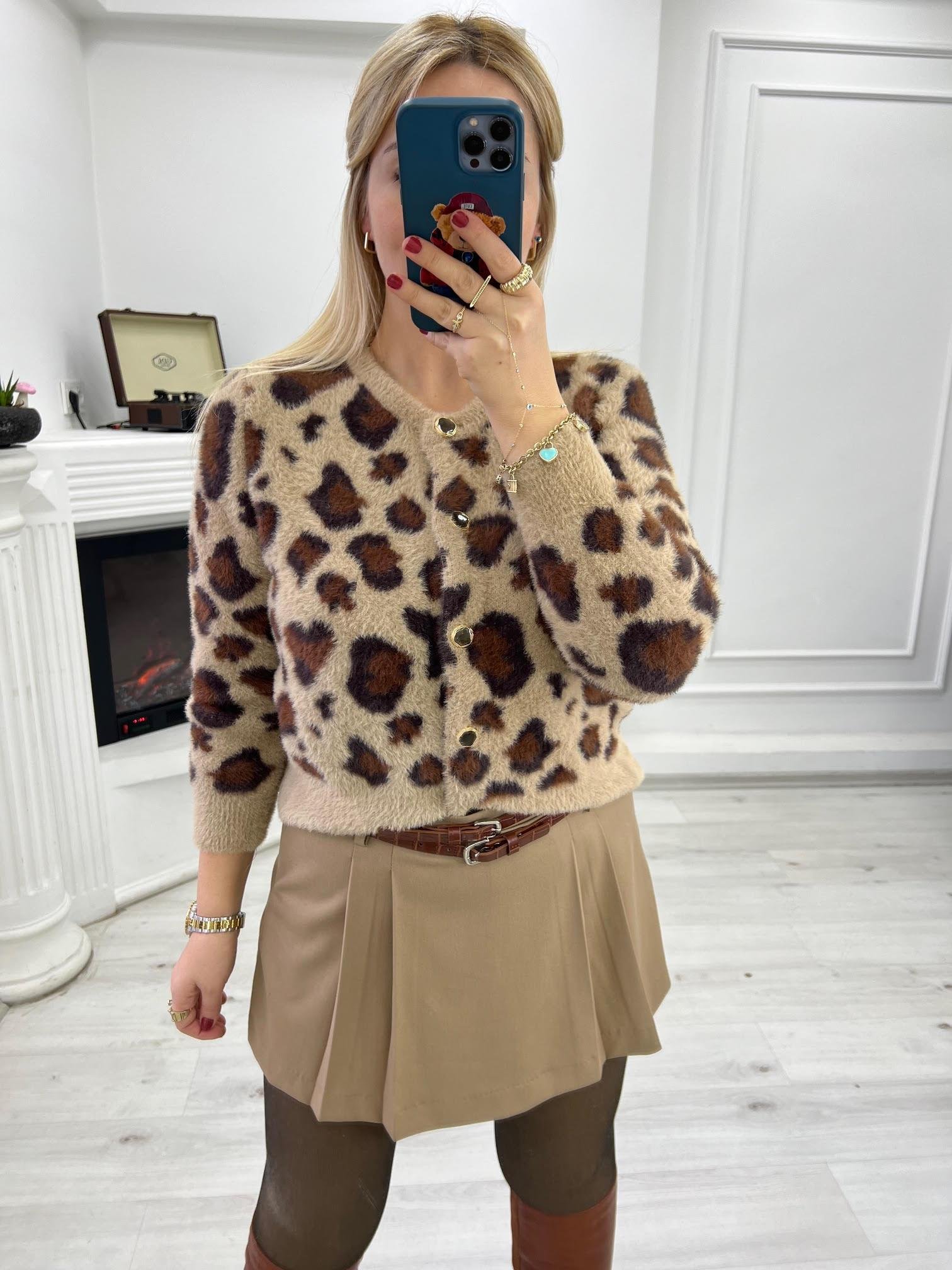 3680 Leopar Kısa Yumoş Hırka BEJ