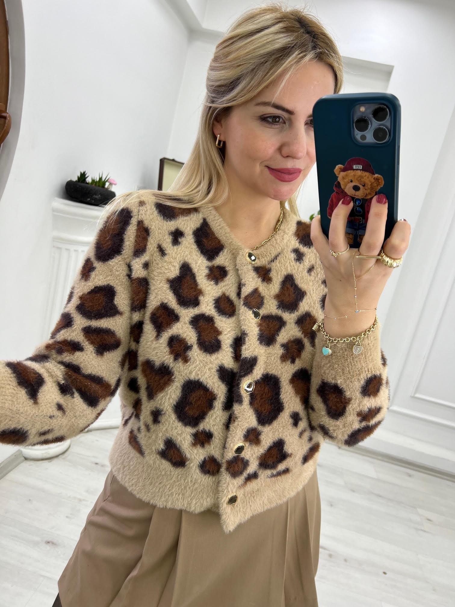 3680 Leopar Kısa Yumoş Hırka BEJ