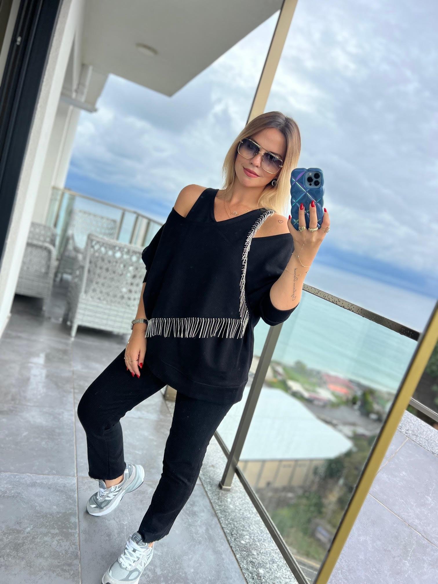 4002 Taşlı Askılı Sweat SİYAH