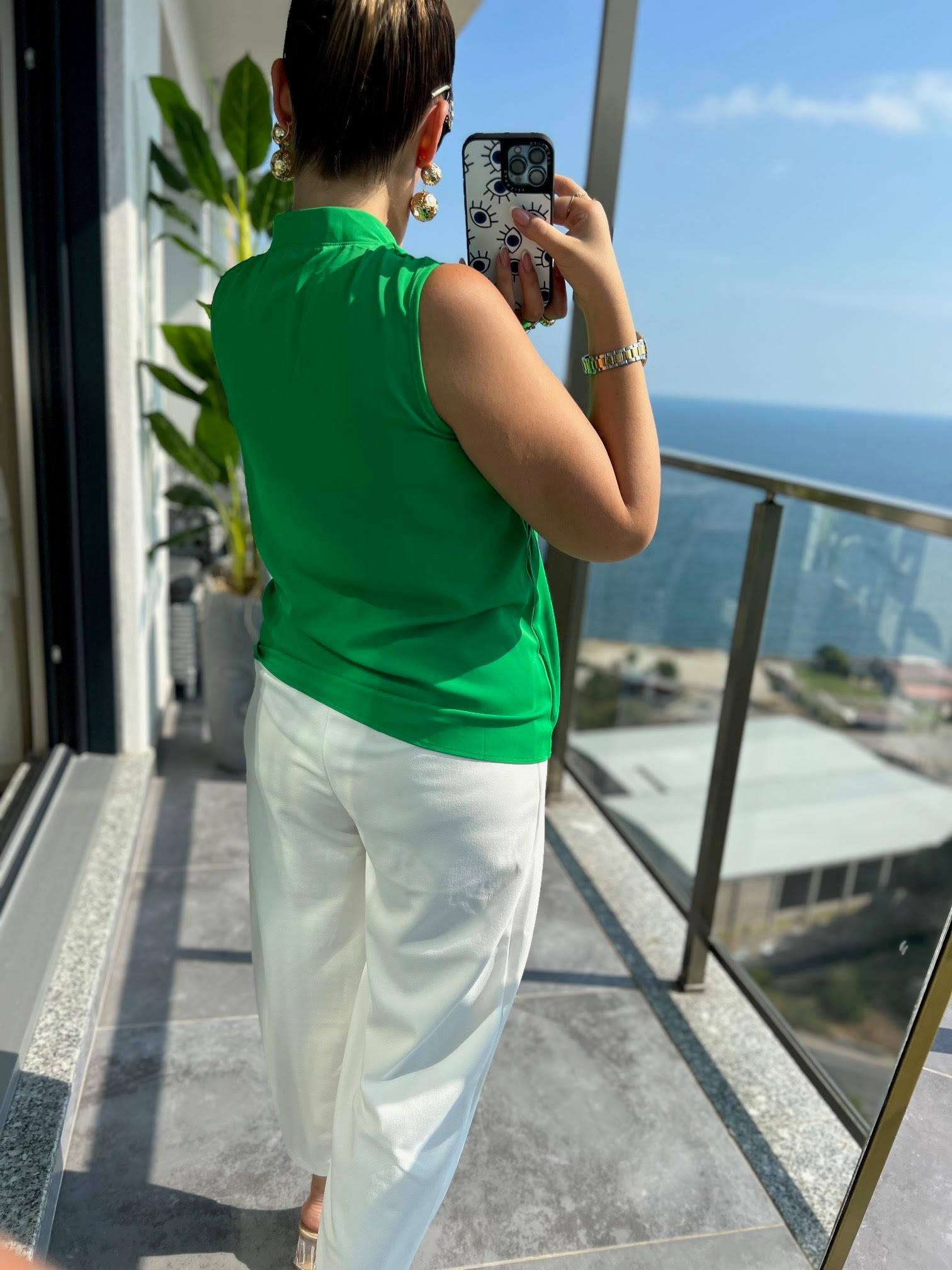 4081 Dik Yaka Bluz YEŞİL