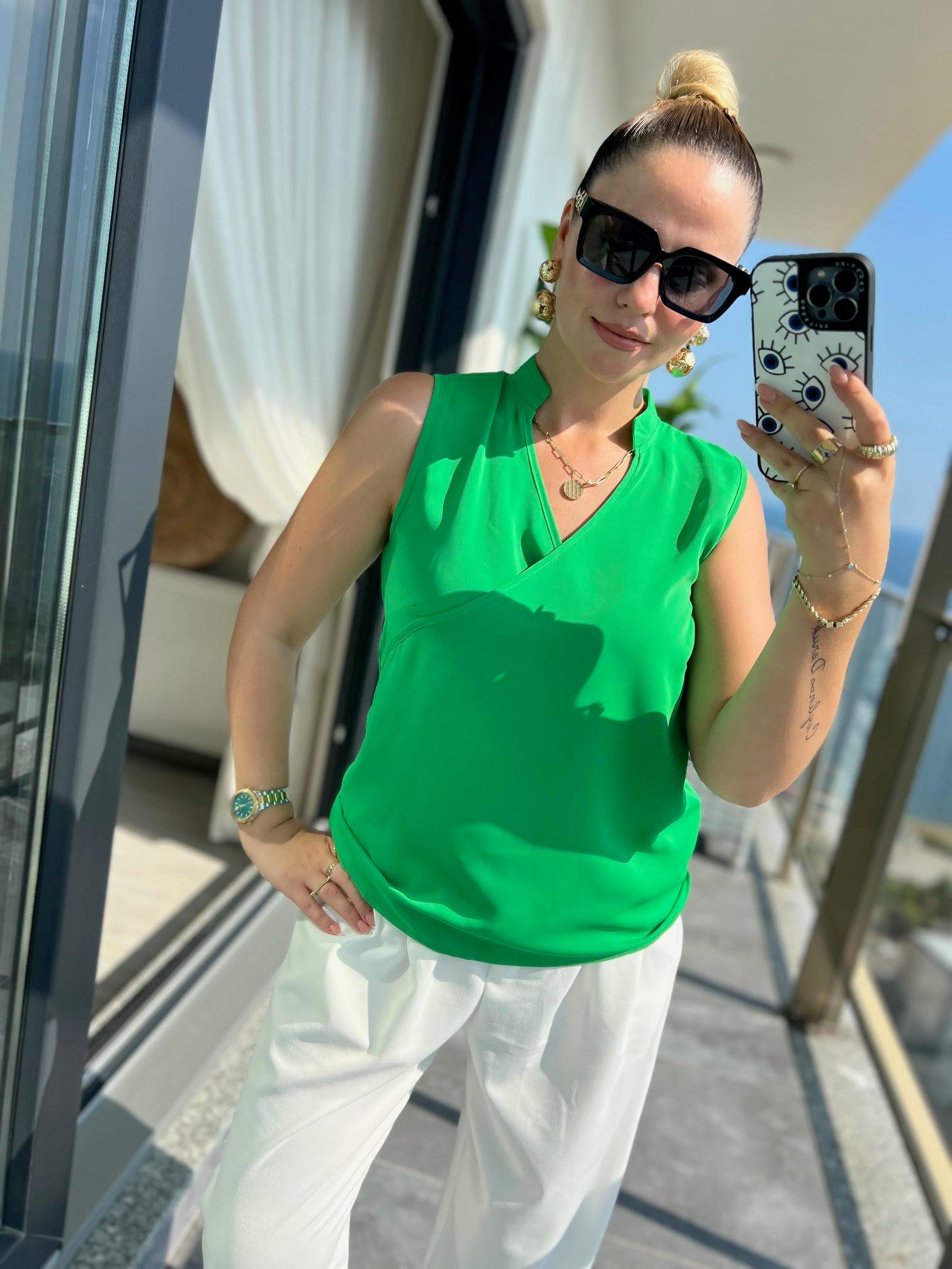 4081 Dik Yaka Bluz YEŞİL