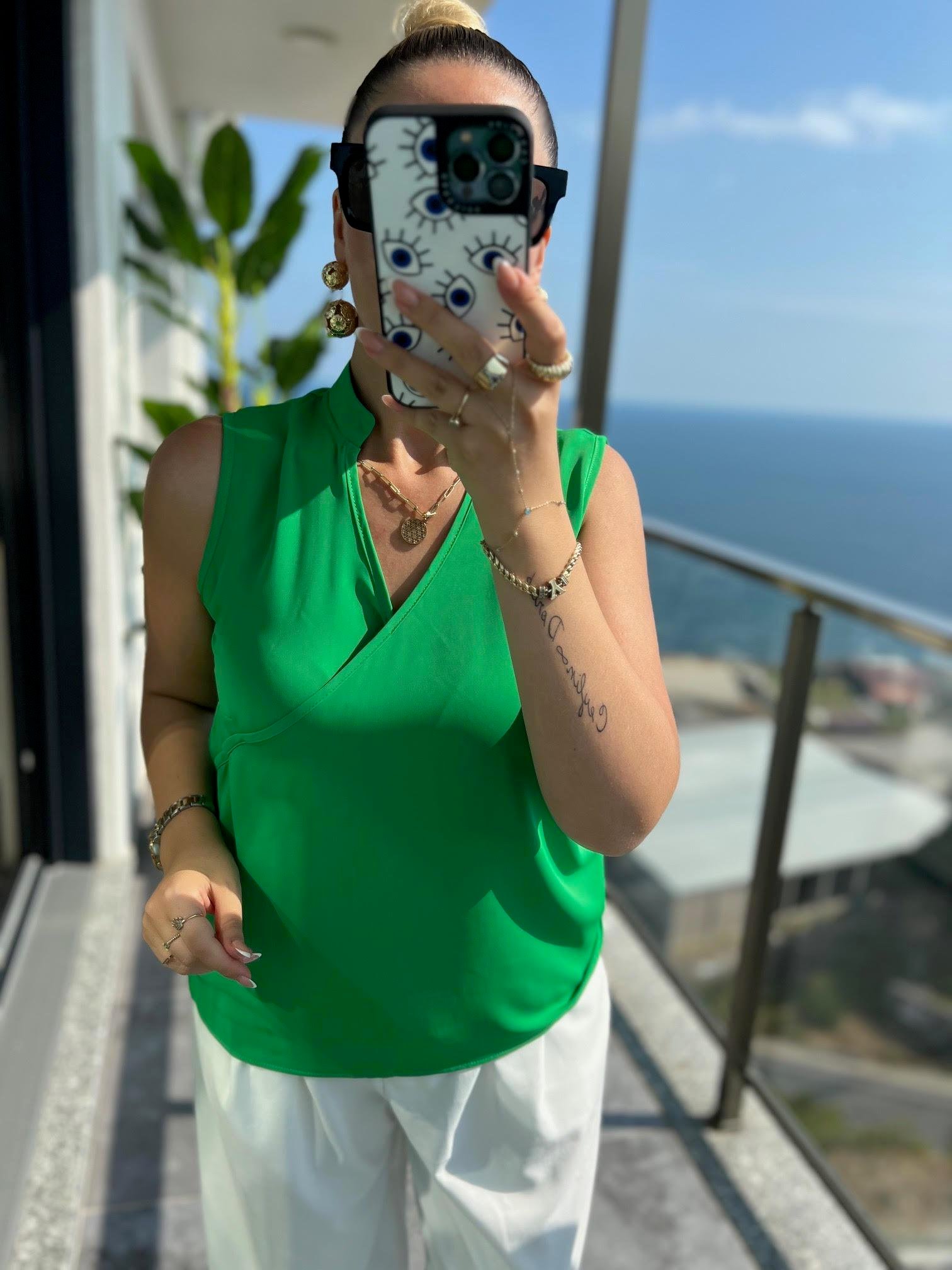 4081 Dik Yaka Bluz YEŞİL