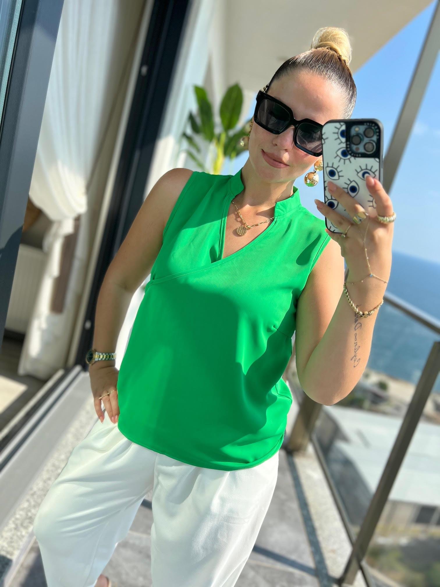 4081 Dik Yaka Bluz YEŞİL