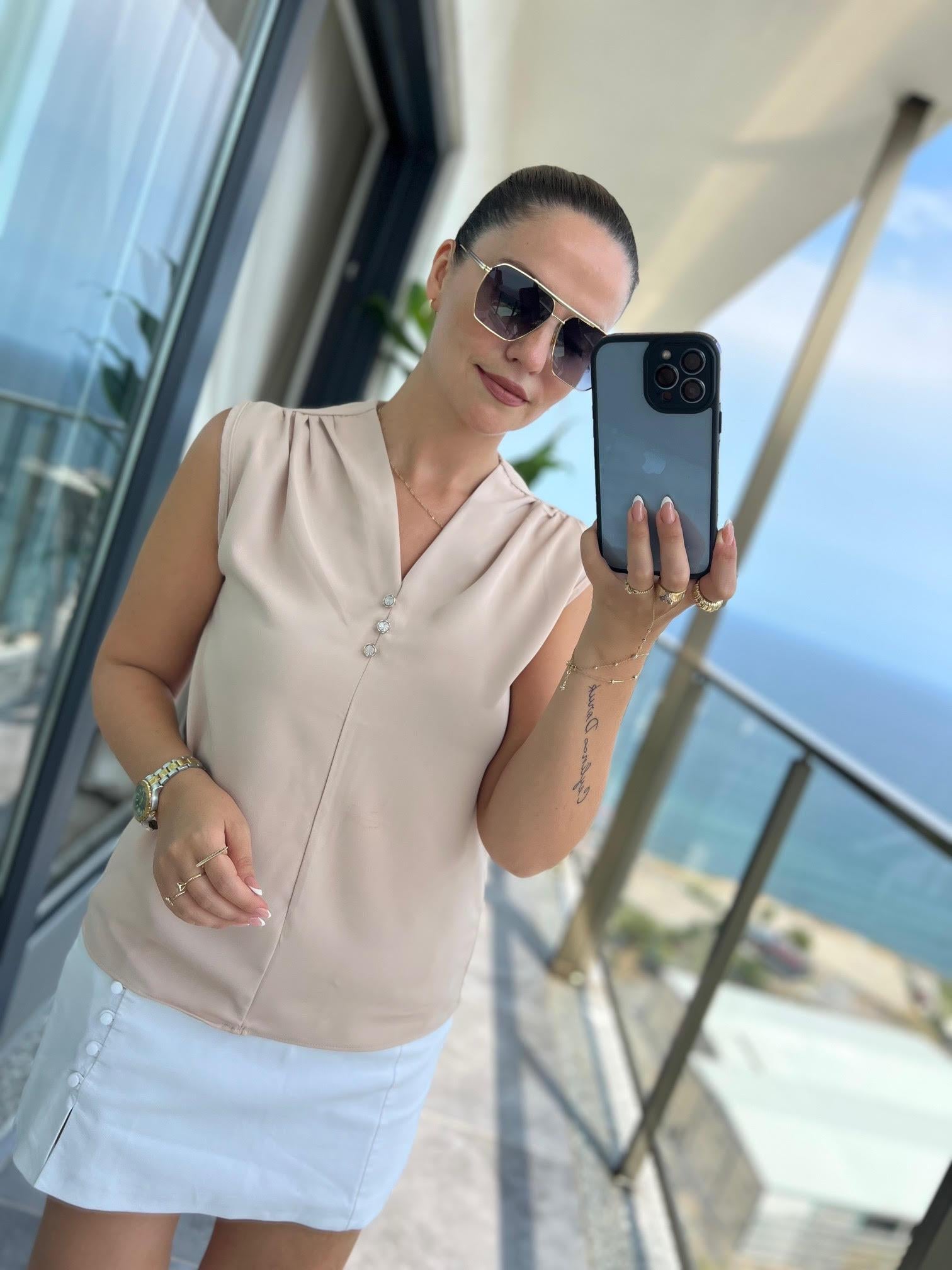 4083 Düğmeli Bluz BEJ