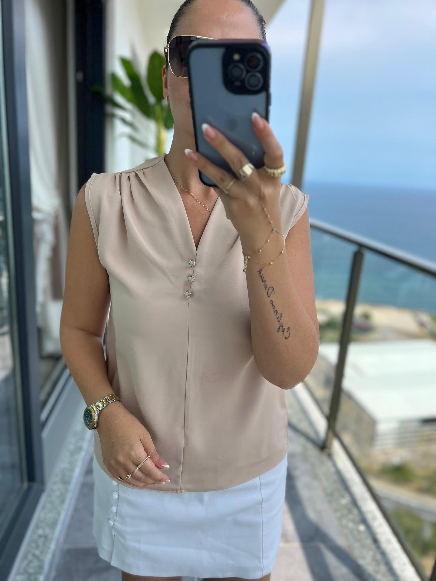 4083 Düğmeli Bluz BEJ