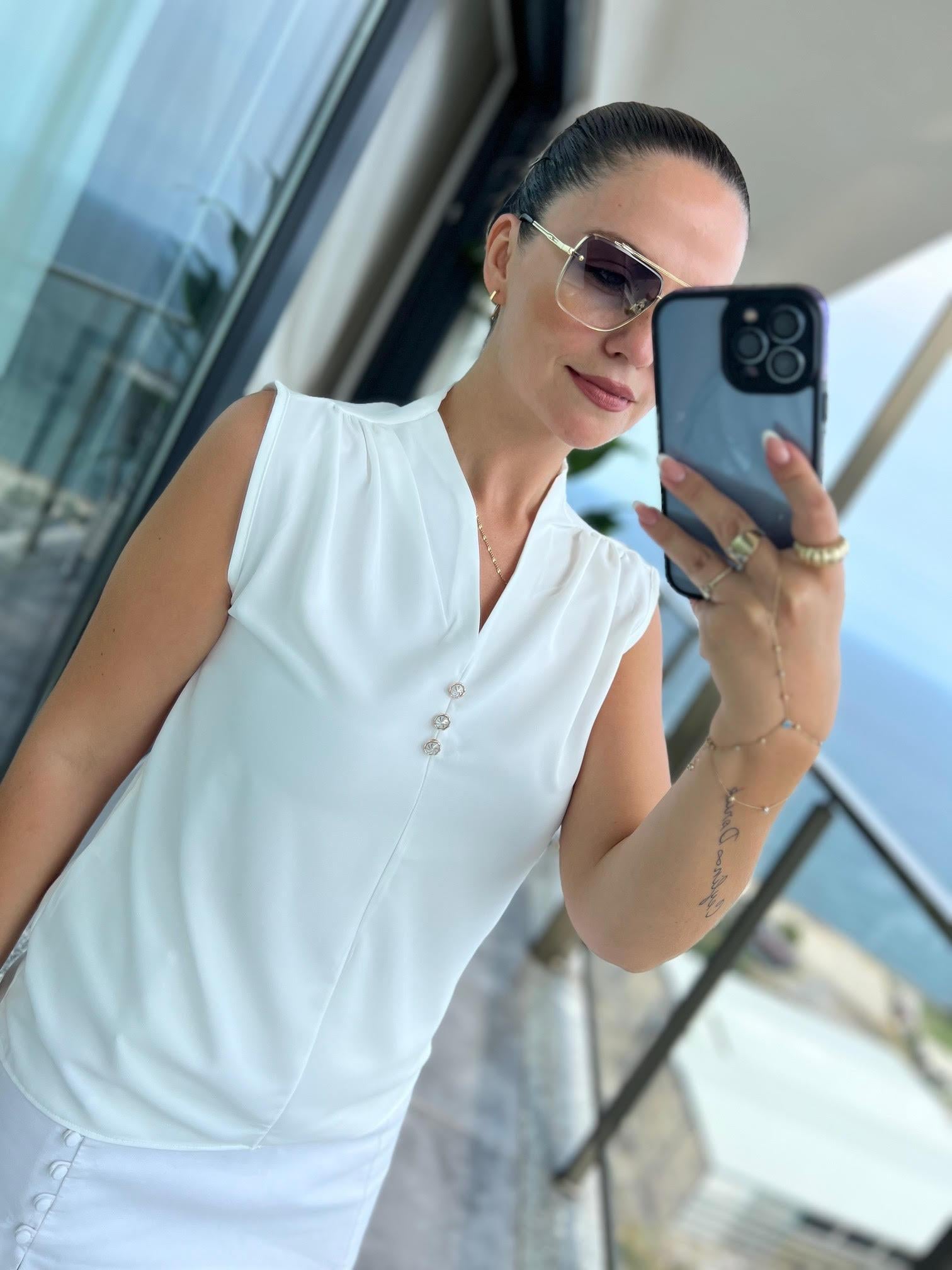 4083 Düğmeli Bluz BEYAZ