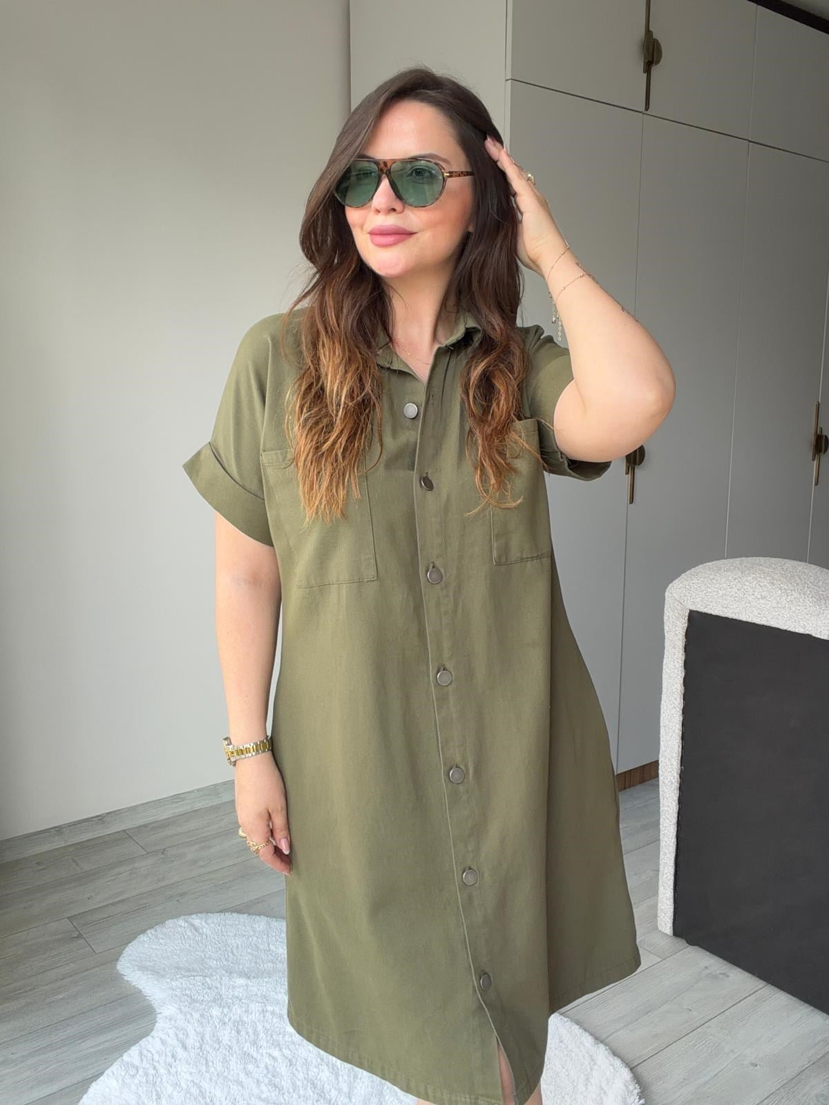 410 Yıkamalı Gabardin Elbise HAKİ YEŞİL