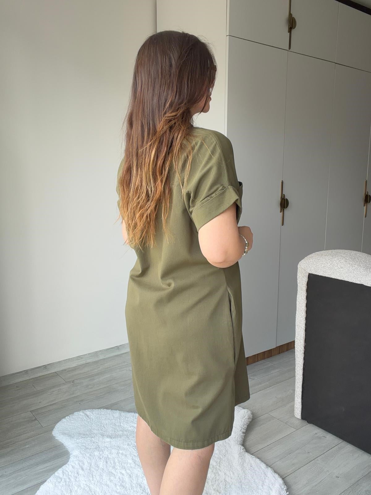 410 Yıkamalı Gabardin Elbise HAKİ YEŞİL